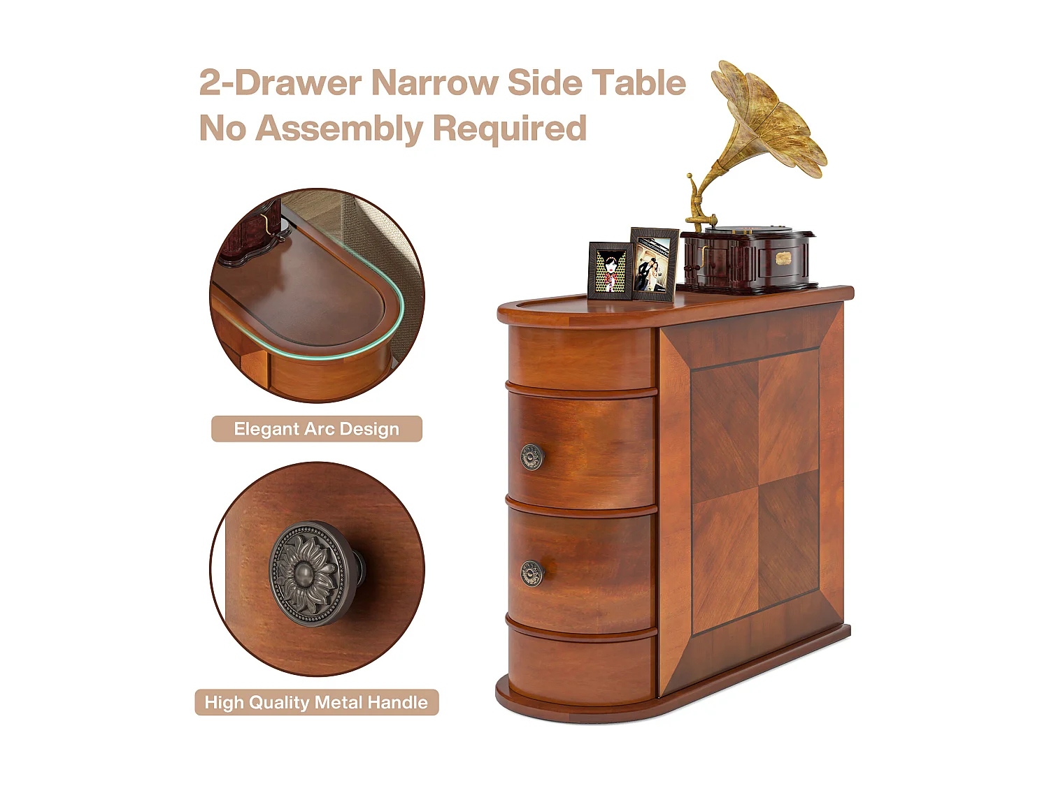 Tribesigns Mesa de apoio estreita em madeira, 2 gavetas, mesas de canto para sofá de sala, mesa de cabeceira de designer para quarto, sem necessidade de montagem, nogueira