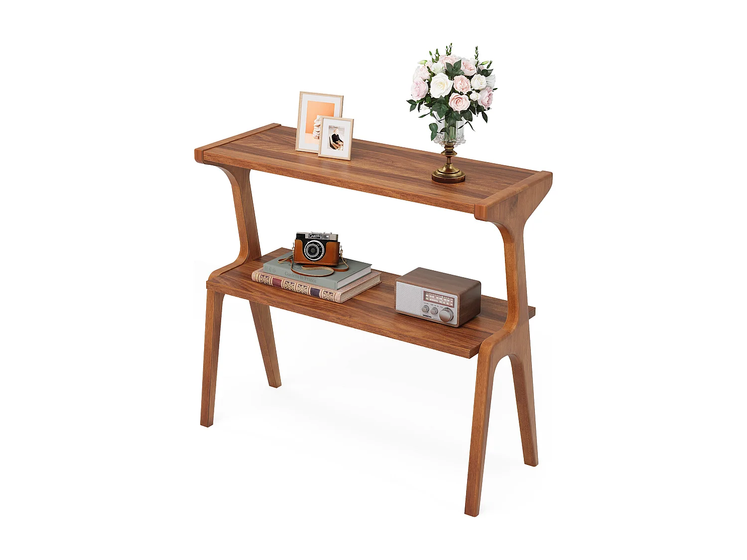 Mesa auxiliar estrecha para sala de estar, mesa auxiliar estrecha de 2 niveles para sofá con patas de madera maciza, mesa auxiliar alta moderna con estante de almacenamiento, nogal