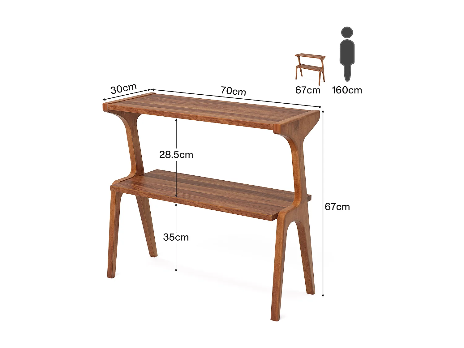 Mesa auxiliar estrecha para sala de estar, mesa auxiliar estrecha de 2 niveles para sofá con patas de madera maciza, mesa auxiliar alta moderna con estante de almacenamiento, nogal