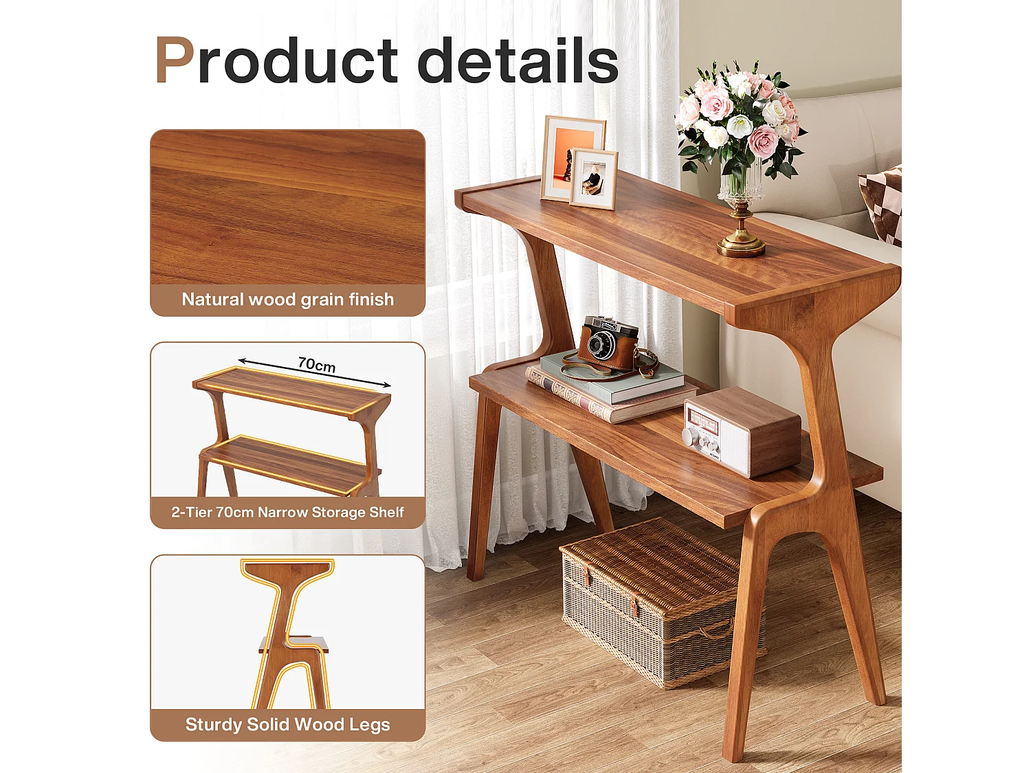 Mesa auxiliar estrecha para sala de estar, mesa auxiliar estrecha de 2 niveles para sofá con patas de madera maciza, mesa auxiliar alta moderna con estante de almacenamiento, nogal