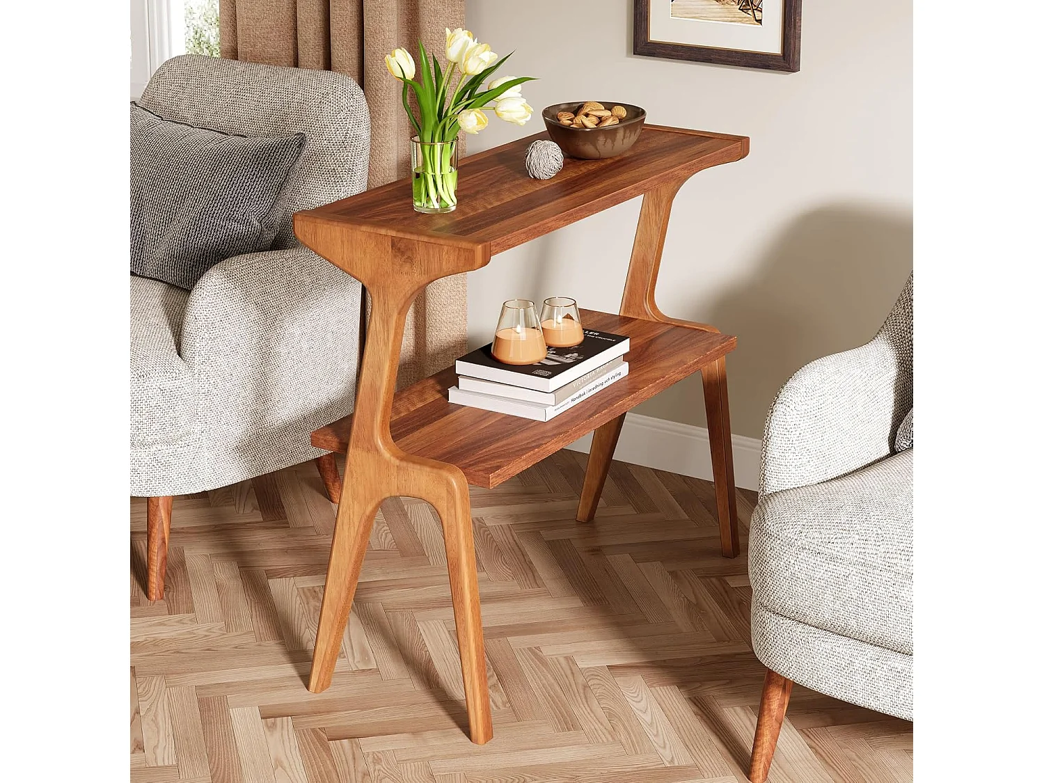 Mesa auxiliar estrecha para sala de estar, mesa auxiliar estrecha de 2 niveles para sofá con patas de madera maciza, mesa auxiliar alta moderna con estante de almacenamiento, nogal