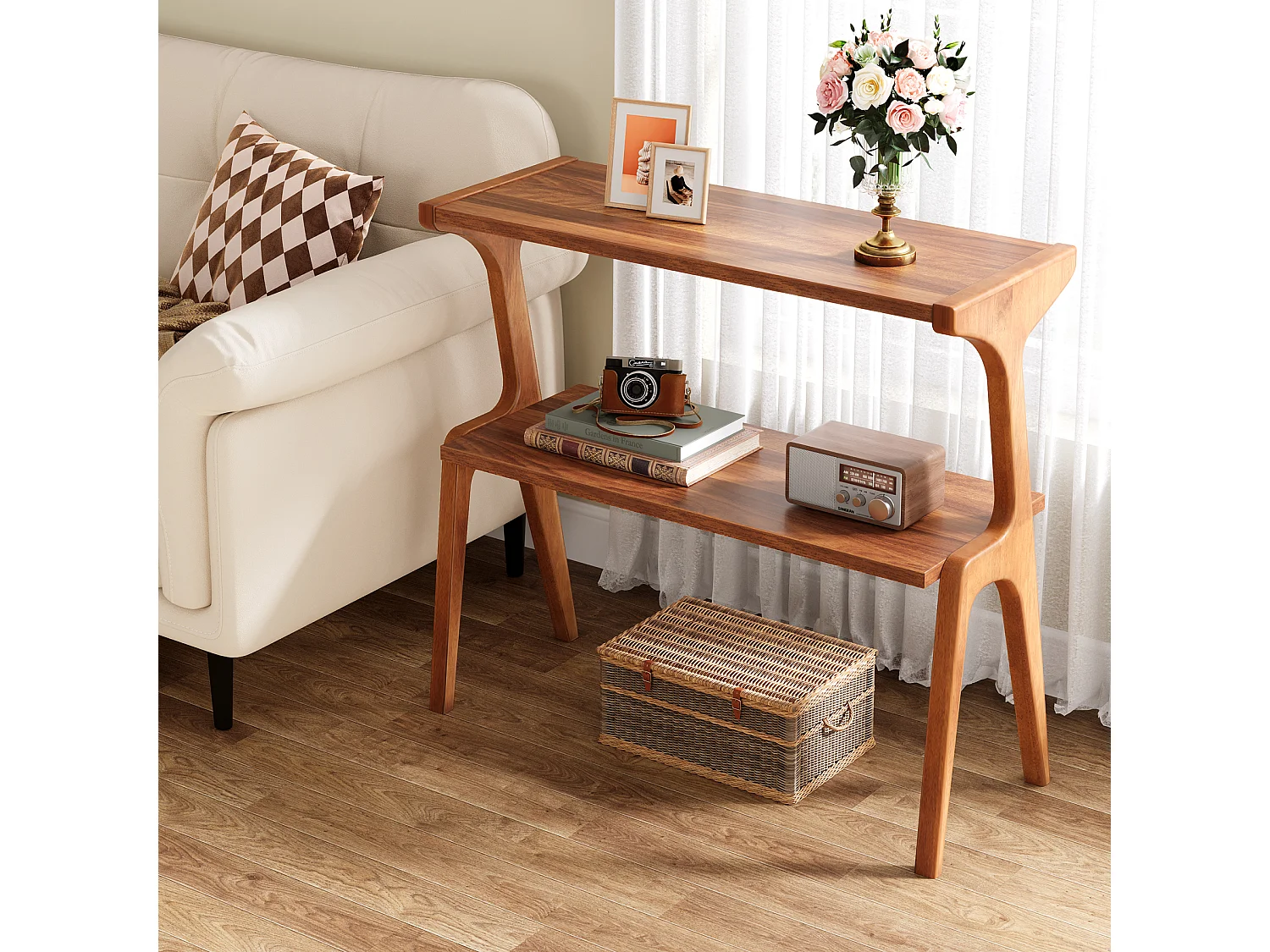 Mesa auxiliar estrecha para sala de estar, mesa auxiliar estrecha de 2 niveles para sofá con patas de madera maciza, mesa auxiliar alta moderna con estante de almacenamiento, nogal