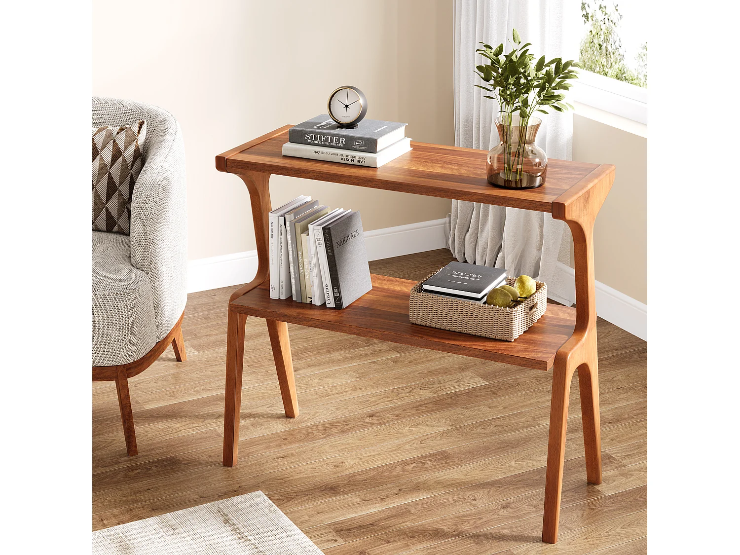 Mesa auxiliar estrecha para sala de estar, mesa auxiliar estrecha de 2 niveles para sofá con patas de madera maciza, mesa auxiliar alta moderna con estante de almacenamiento, nogal