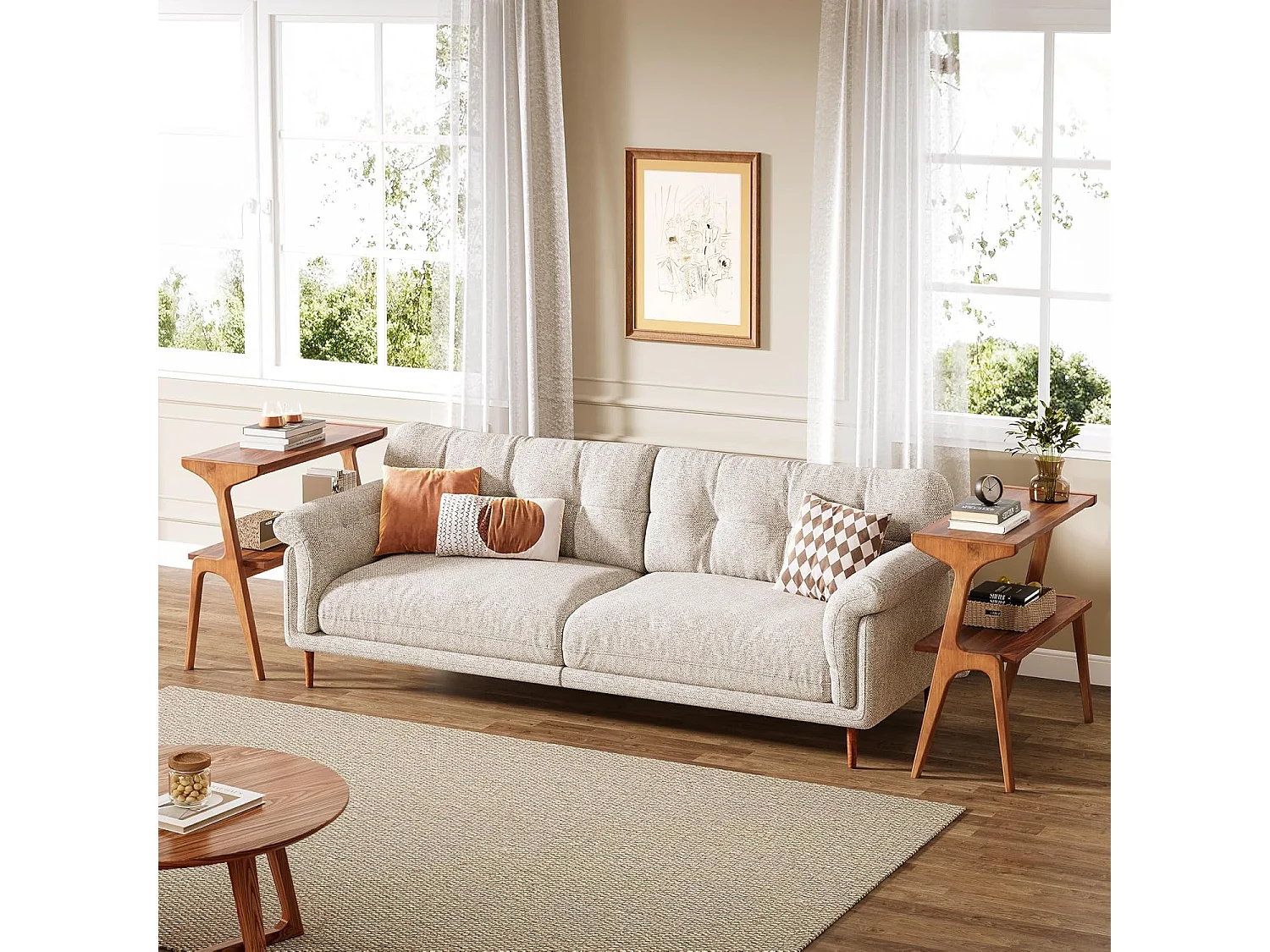 Mesa auxiliar estrecha para sala de estar, mesa auxiliar estrecha de 2 niveles para sofá con patas de madera maciza, mesa auxiliar alta moderna con estante de almacenamiento, nogal