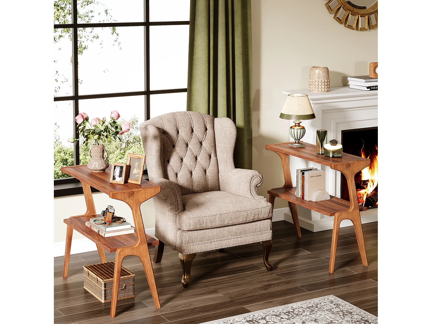 Mesa auxiliar estrecha para sala de estar, mesa auxiliar estrecha de 2 niveles para sofá con patas de madera maciza, mesa auxiliar alta moderna con estante de almacenamiento, nogal