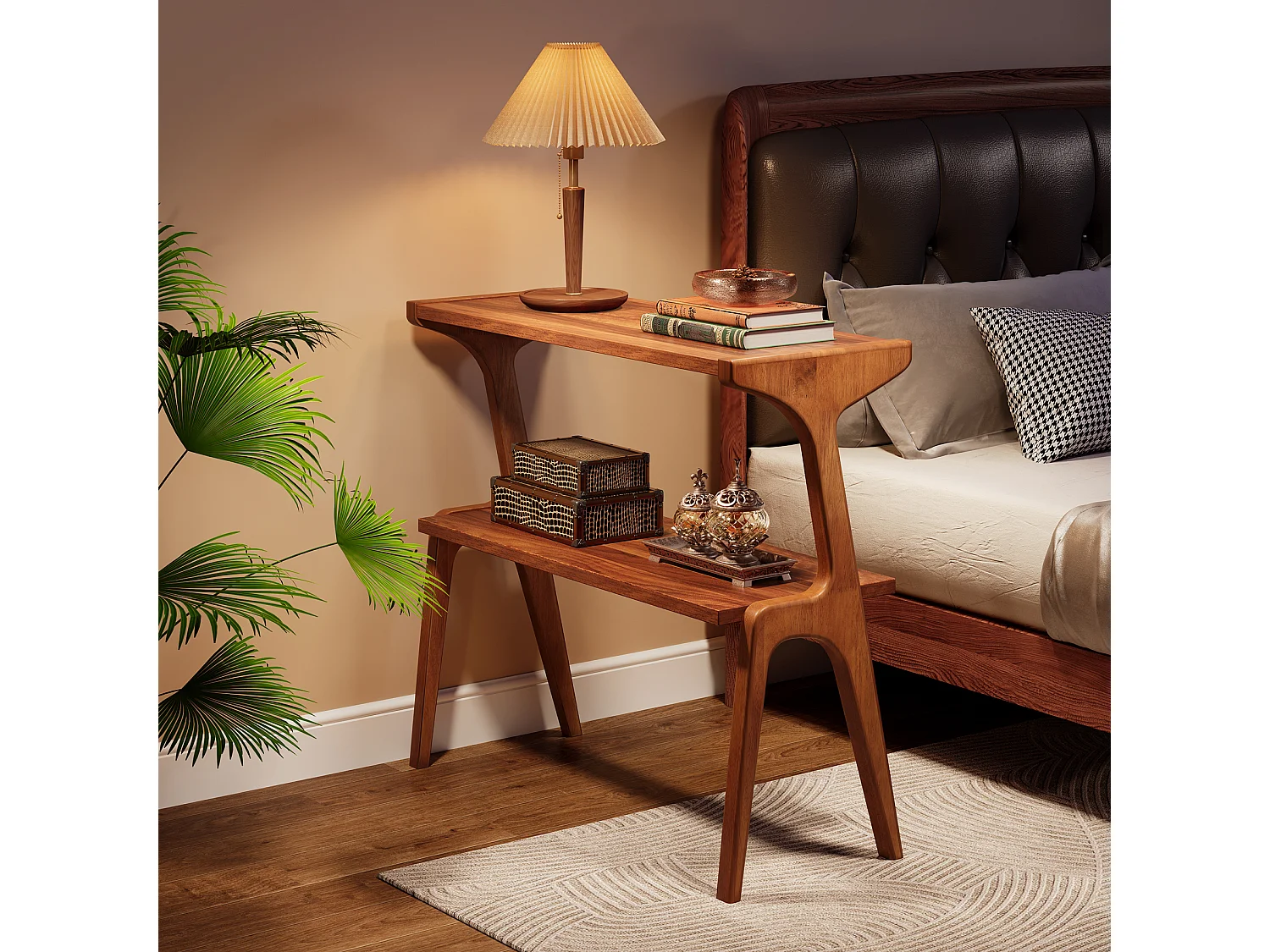 Mesa auxiliar estrecha para sala de estar, mesa auxiliar estrecha de 2 niveles para sofá con patas de madera maciza, mesa auxiliar alta moderna con estante de almacenamiento, nogal