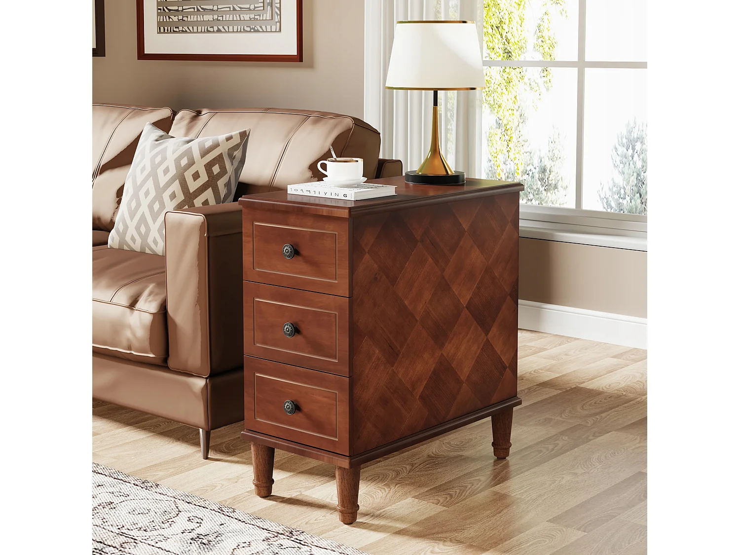 Tribesigns Table d'appoint en Bois avec 3 tiroirs , Table d'appoint étroite à tiroirs entièrement assemblée, Table de Chevet pré-assemblée pour Les Petits espaces, Salon, Chambre, Marron