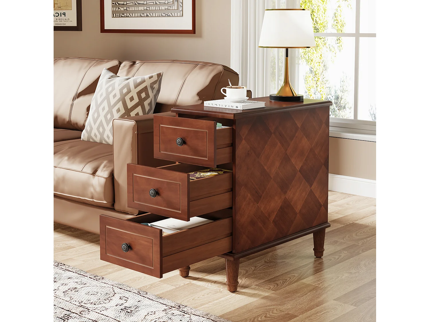 Tribesigns Table d'appoint en Bois avec 3 tiroirs , Table d'appoint étroite à tiroirs entièrement assemblée, Table de Chevet pré-assemblée pour Les Petits espaces, Salon, Chambre, Marron