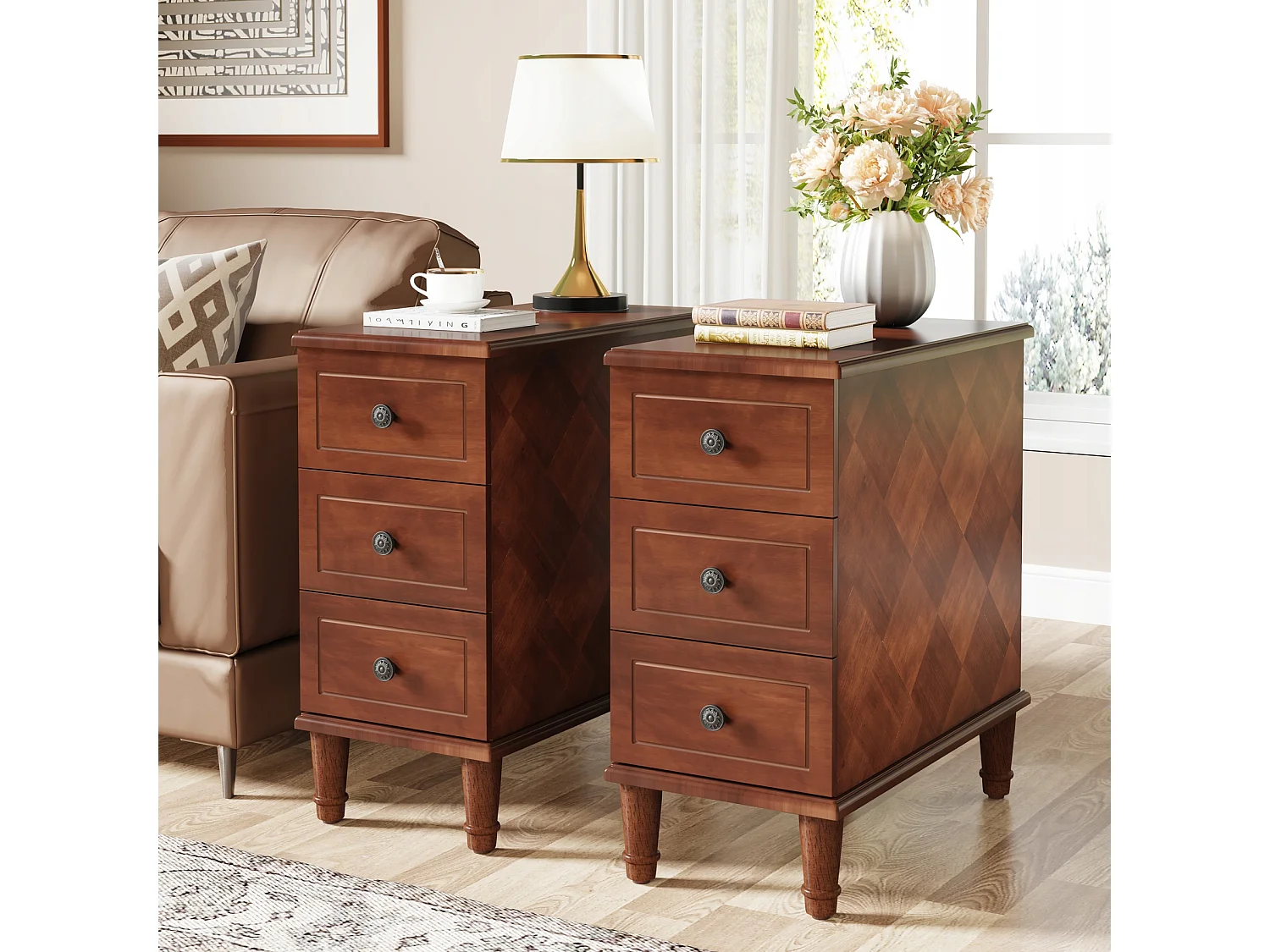 Tribesigns Table d'appoint en Bois avec 3 tiroirs , Table d'appoint étroite à tiroirs entièrement assemblée, Table de Chevet pré-assemblée pour Les Petits espaces, Salon, Chambre, Marron