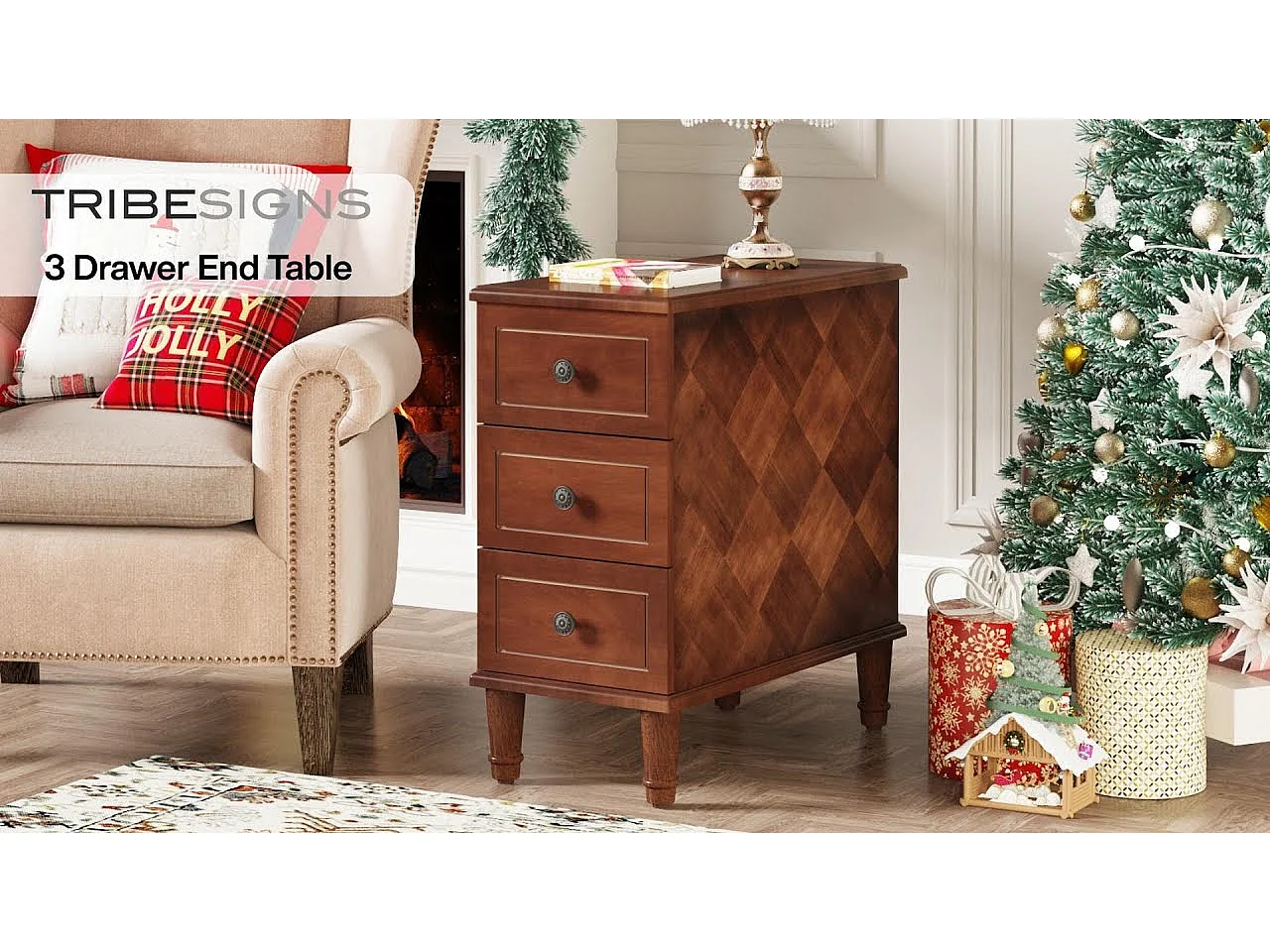 Tribesigns Table d'appoint en Bois avec 3 tiroirs , Table d'appoint étroite à tiroirs entièrement assemblée, Table de Chevet pré-assemblée pour Les Petits espaces, Salon, Chambre, Marron