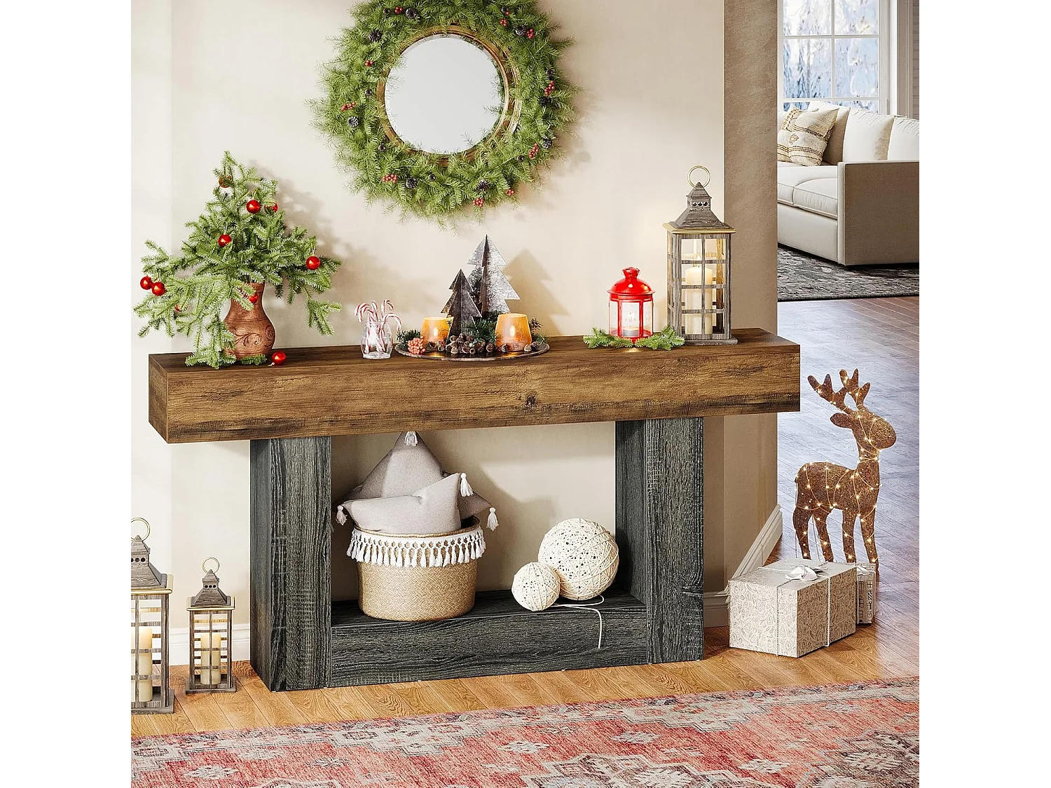 Table console de 160 cm de long, table d'entrée à 2 niveaux, table de canapé avec rangement, table de canapé en bois de ferme pour salon, couloir