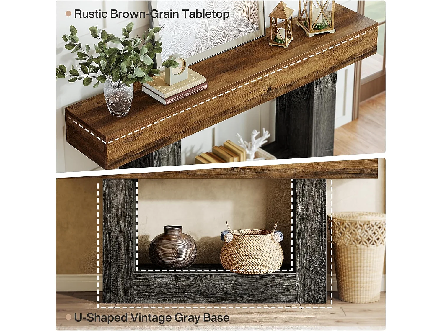 Table console de 160 cm de long, table d'entrée à 2 niveaux, table de canapé avec rangement, table de canapé en bois de ferme pour salon, couloir