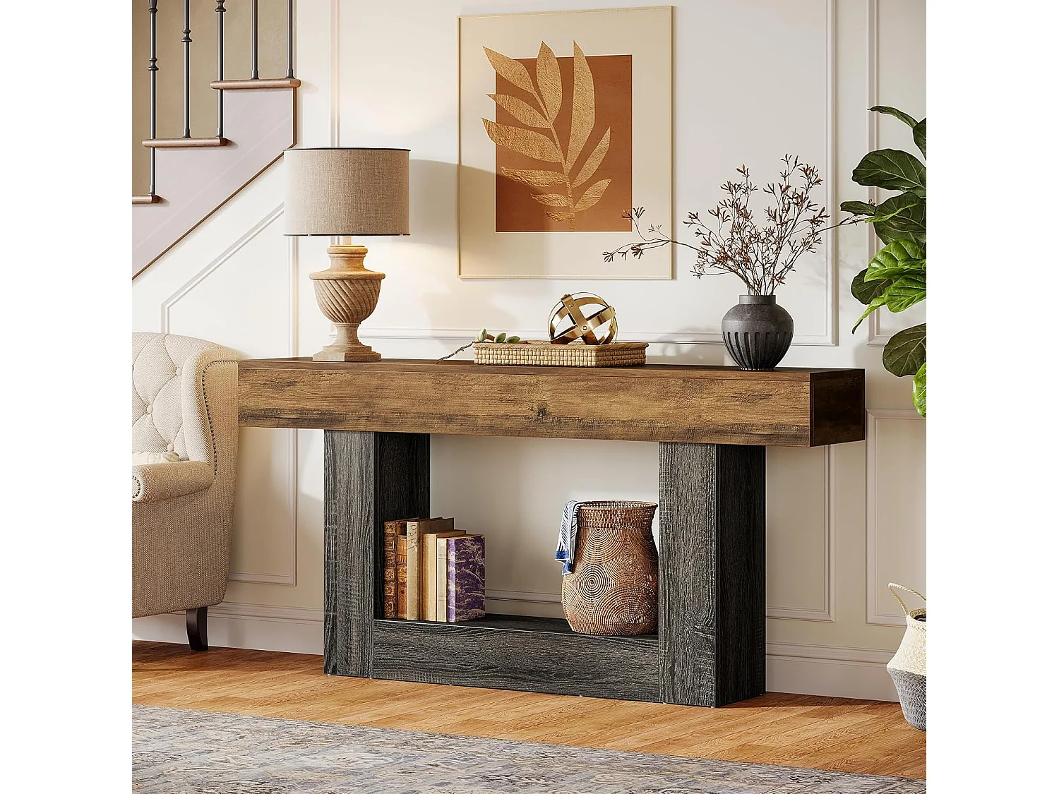 Table console de 160 cm de long, table d'entrée à 2 niveaux, table de canapé avec rangement, table de canapé en bois de ferme pour salon, couloir