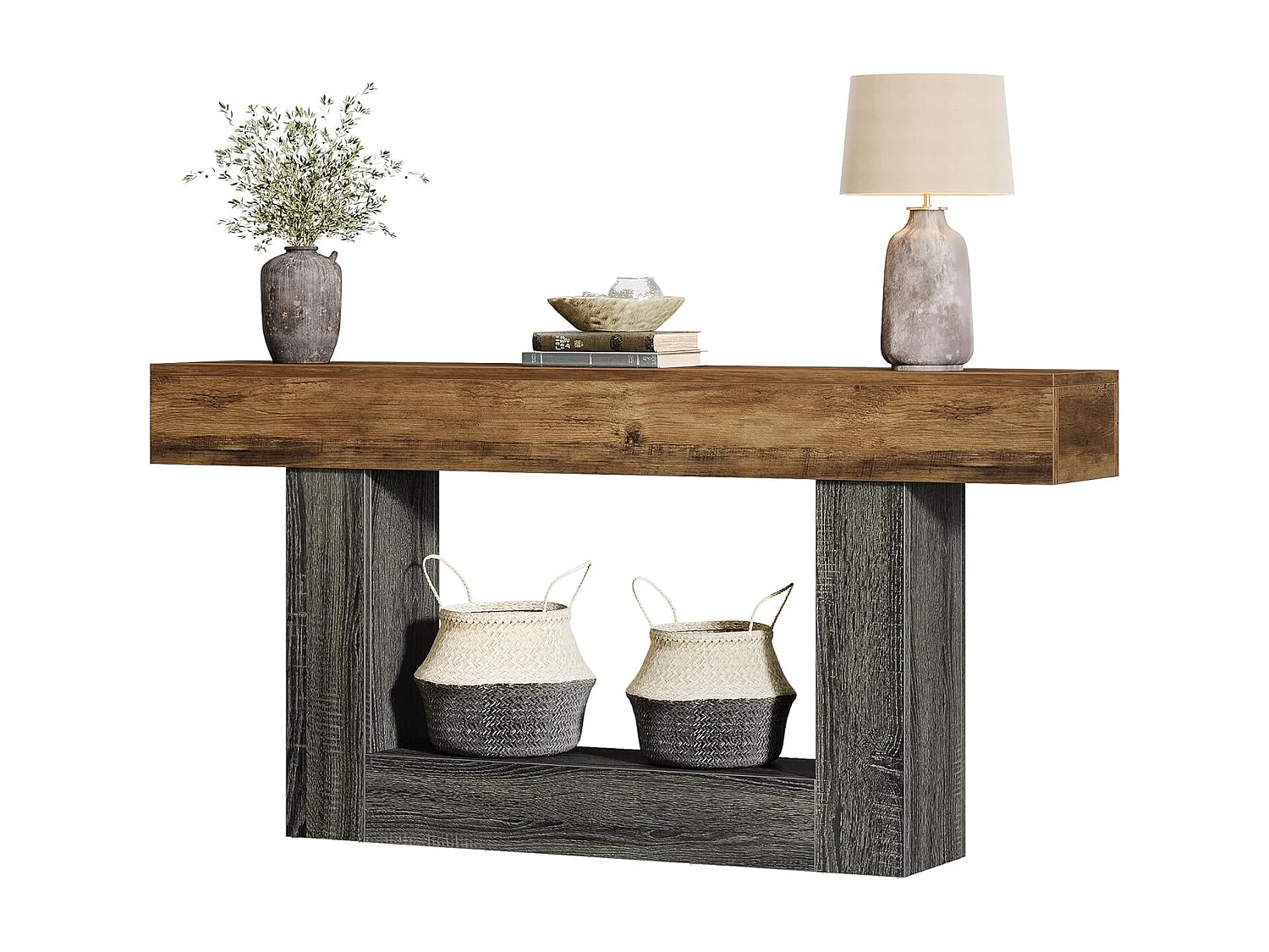 Table console de 160 cm de long, table d'entrée à 2 niveaux, table de canapé avec rangement, table de canapé en bois de ferme pour salon, couloir