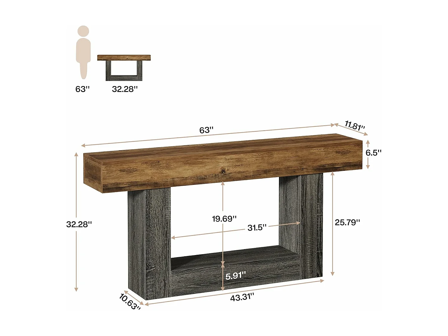 Table console de 160 cm de long, table d'entrée à 2 niveaux, table de canapé avec rangement, table de canapé en bois de ferme pour salon, couloir