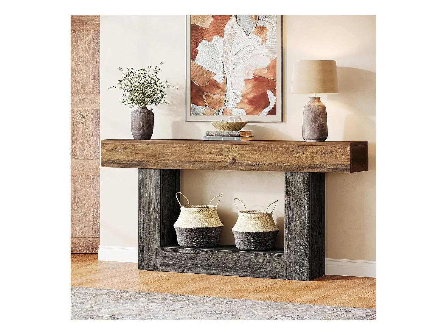 Mesa consola de 160 cm de largo, mesa de entrada de 2 niveles, mesa de sofá con almacenamiento, mesa de sofá de madera de estilo rústico para sala de estar, pasillo