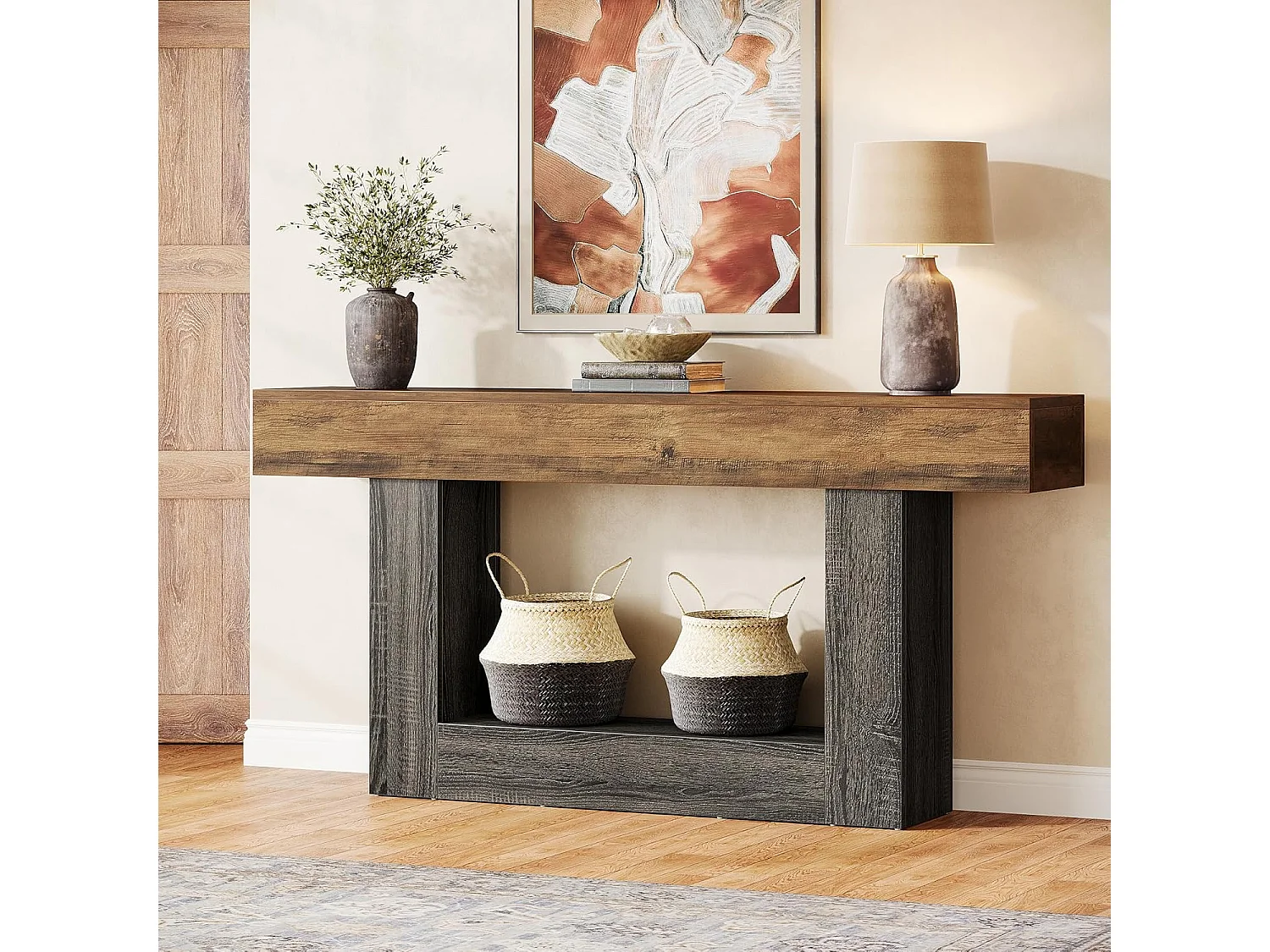 Table console de 160 cm de long, table d'entrée à 2 niveaux, table de canapé avec rangement, table de canapé en bois de ferme pour salon, couloir