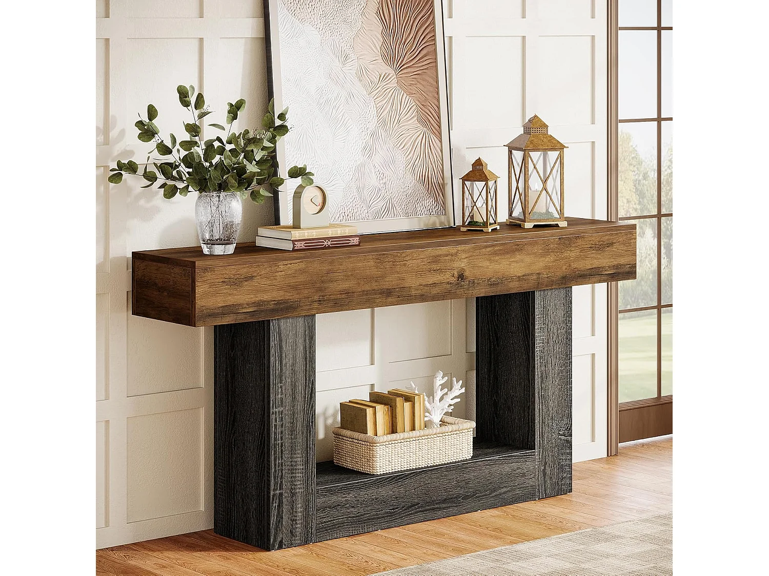 Table console de 160 cm de long, table d'entrée à 2 niveaux, table de canapé avec rangement, table de canapé en bois de ferme pour salon, couloir