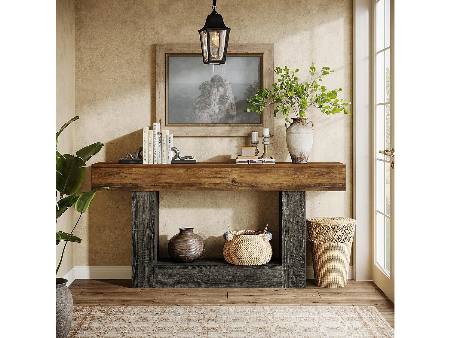 Table console de 160 cm de long, table d'entrée à 2 niveaux, table de canapé avec rangement, table de canapé en bois de ferme pour salon, couloir
