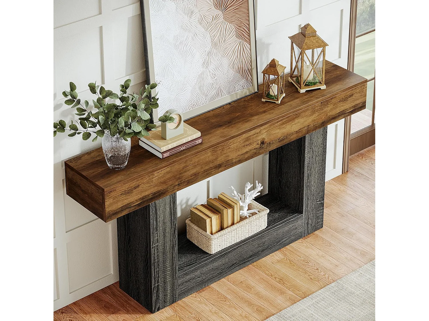 Table console de 160 cm de long, table d'entrée à 2 niveaux, table de canapé avec rangement, table de canapé en bois de ferme pour salon, couloir