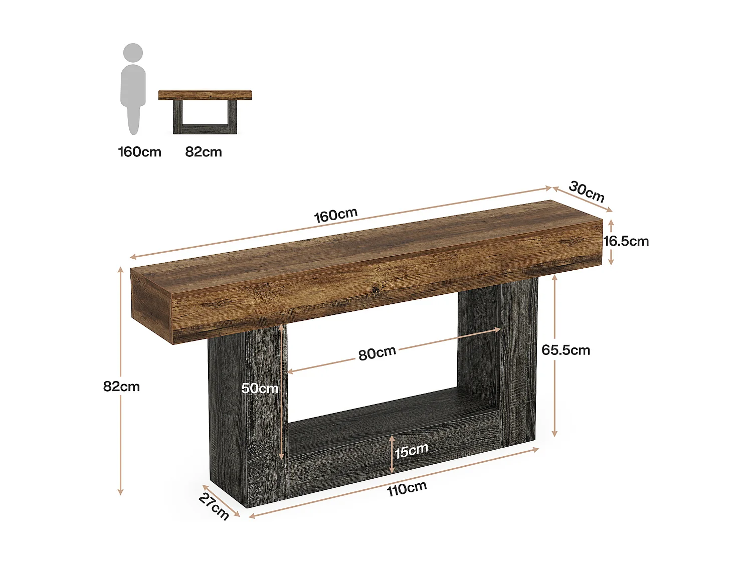 160 cm langt konsolbord, 2-lags entrébord, sofabord med opbevaring, landlig træbag sofabord til stue, entré