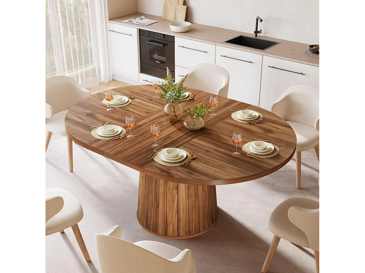 Table à manger ovale pour 6 personnes, table à manger en bois de 140 cm, table de cuisine rustique avec plateau en bois et base cylindrique (marron)