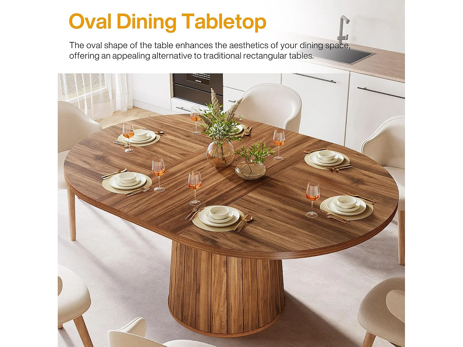 Table à manger ovale pour 6 personnes, table à manger en bois de 140 cm, table de cuisine rustique avec plateau en bois et base cylindrique (marron)