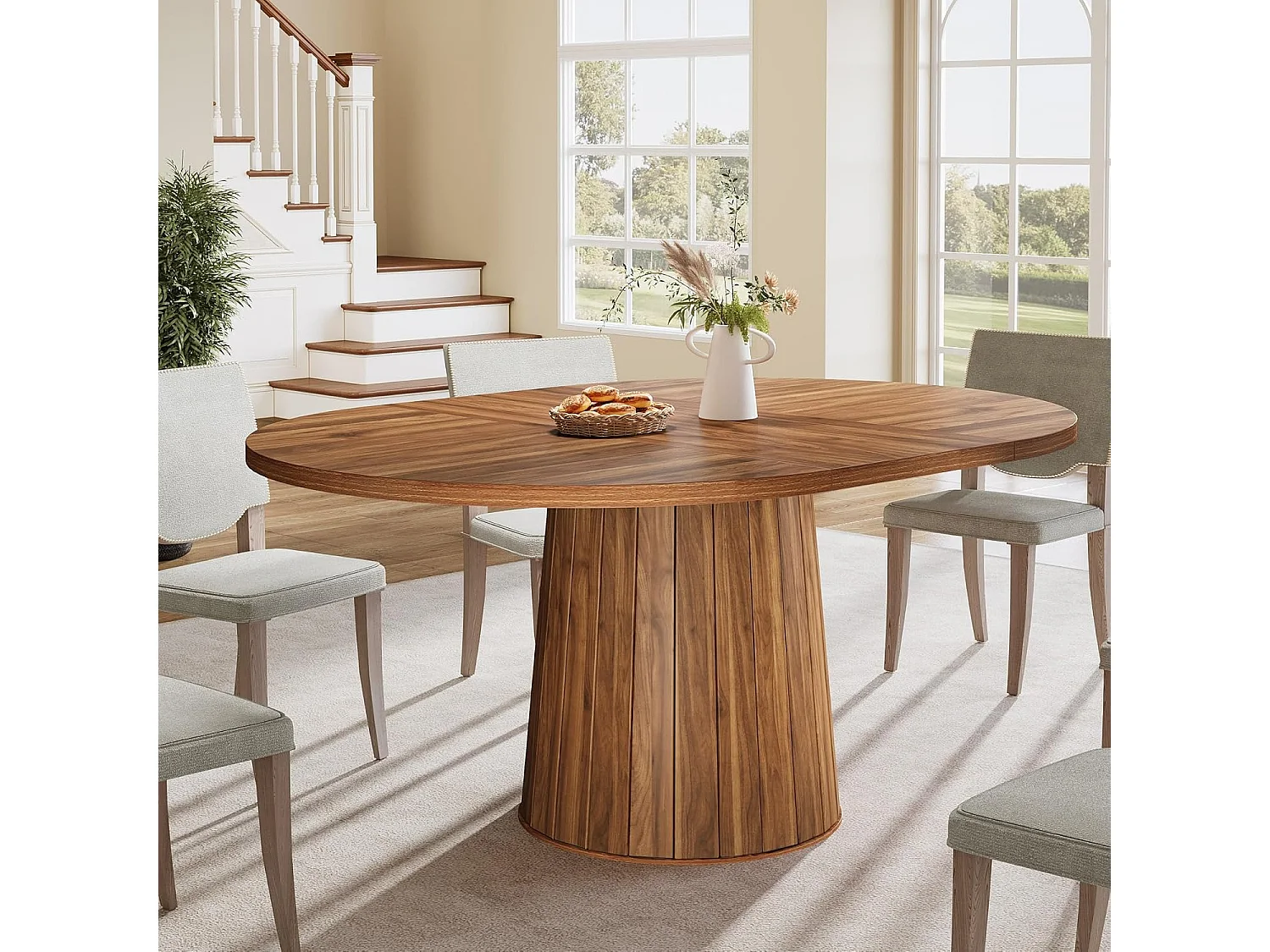 Table à manger ovale pour 6 personnes, table à manger en bois de 140 cm, table de cuisine rustique avec plateau en bois et base cylindrique (marron)