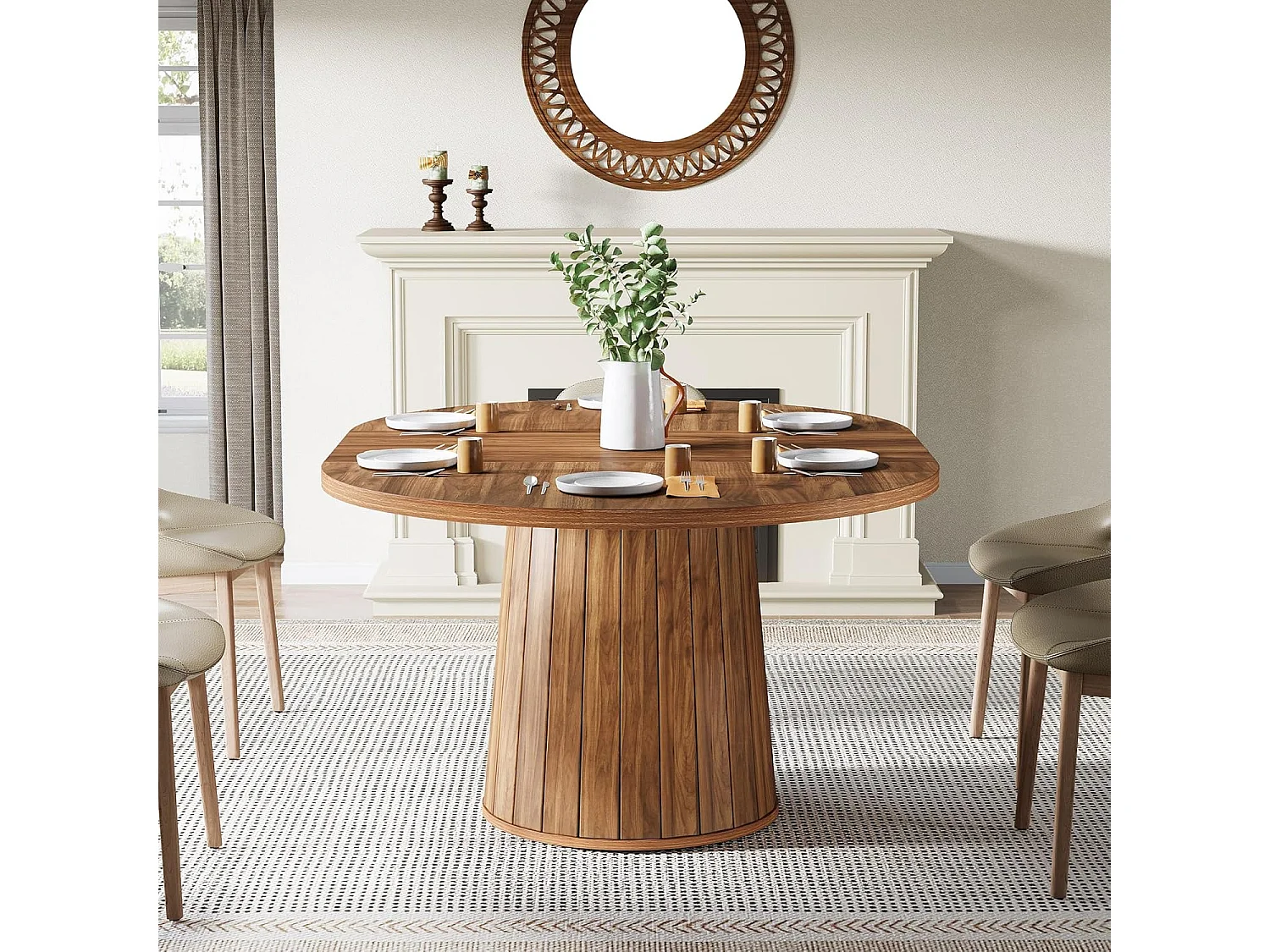 Table à manger ovale pour 6 personnes, table à manger en bois de 140 cm, table de cuisine rustique avec plateau en bois et base cylindrique (marron)