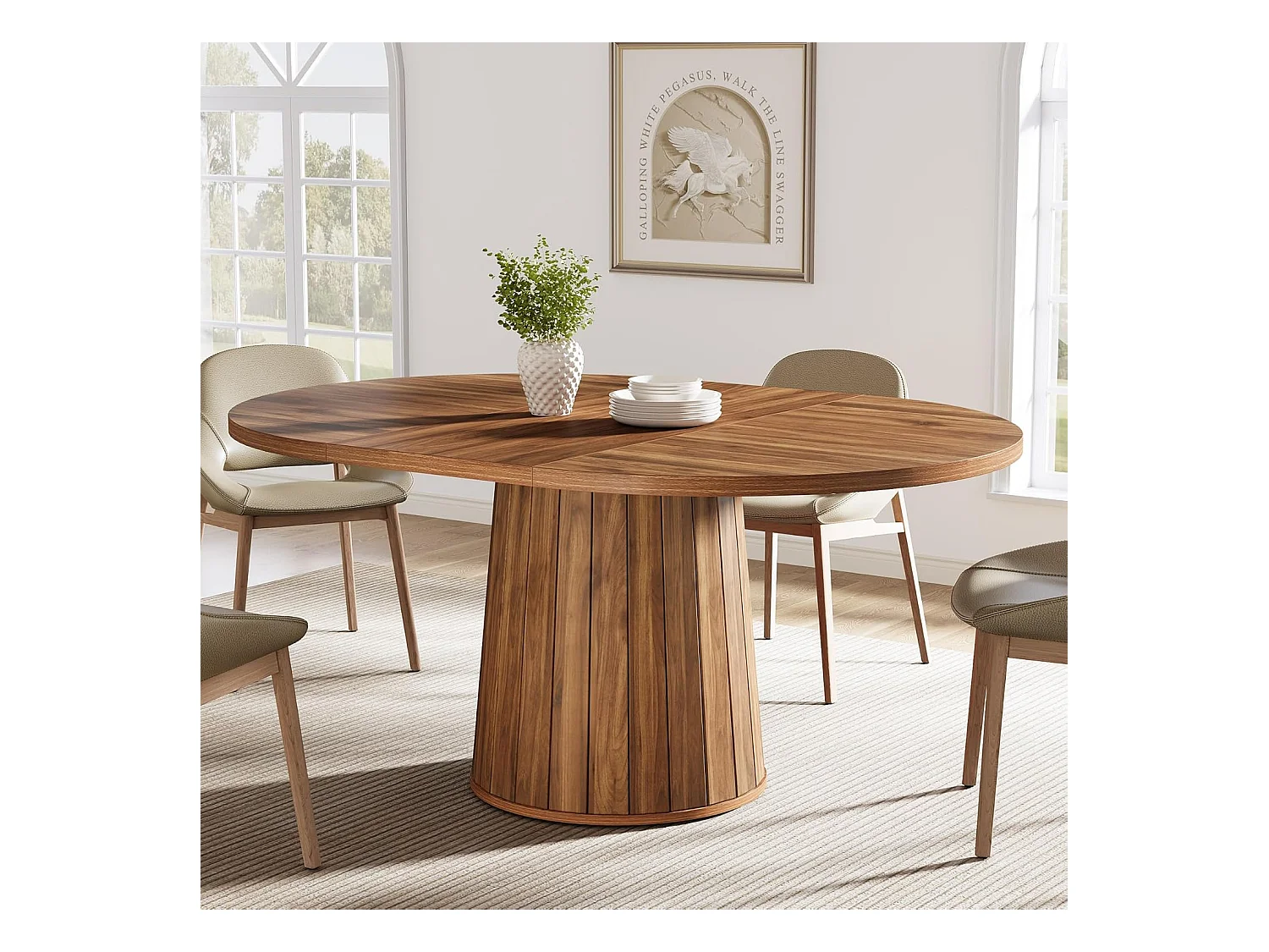 Mesa oval para jantar para 6 pessoas, mesa de jantar em madeira com 140 cm, mesa de cozinha rústica com tampo de madeira e base cilíndrica (castanha)