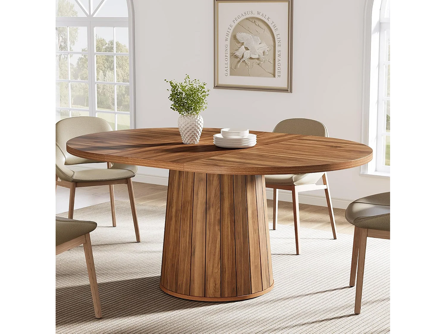 Table à manger ovale pour 6 personnes, table à manger en bois de 140 cm, table de cuisine rustique avec plateau en bois et base cylindrique (marron)