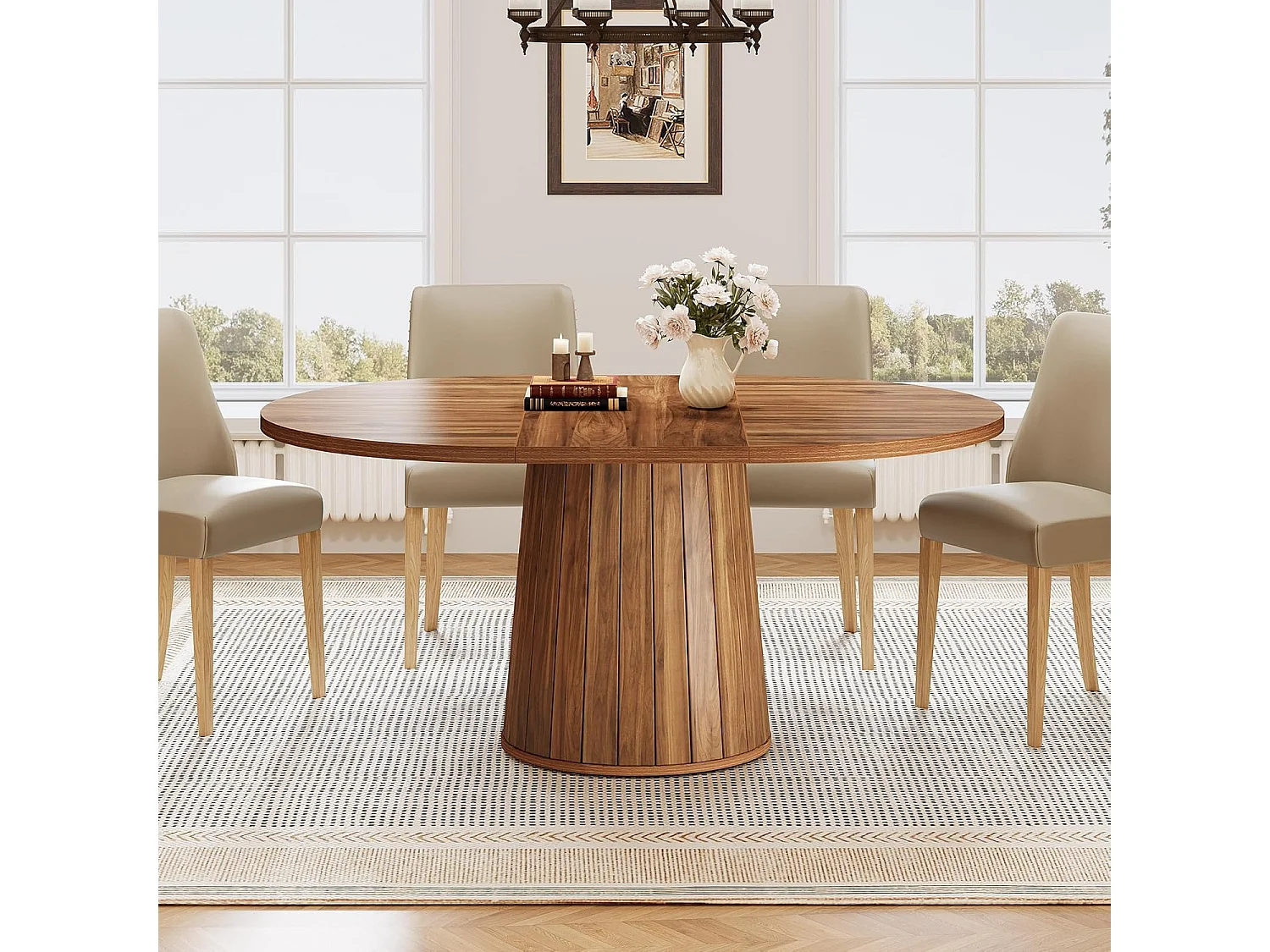 Table à manger ovale pour 6 personnes, table à manger en bois de 140 cm, table de cuisine rustique avec plateau en bois et base cylindrique (marron)