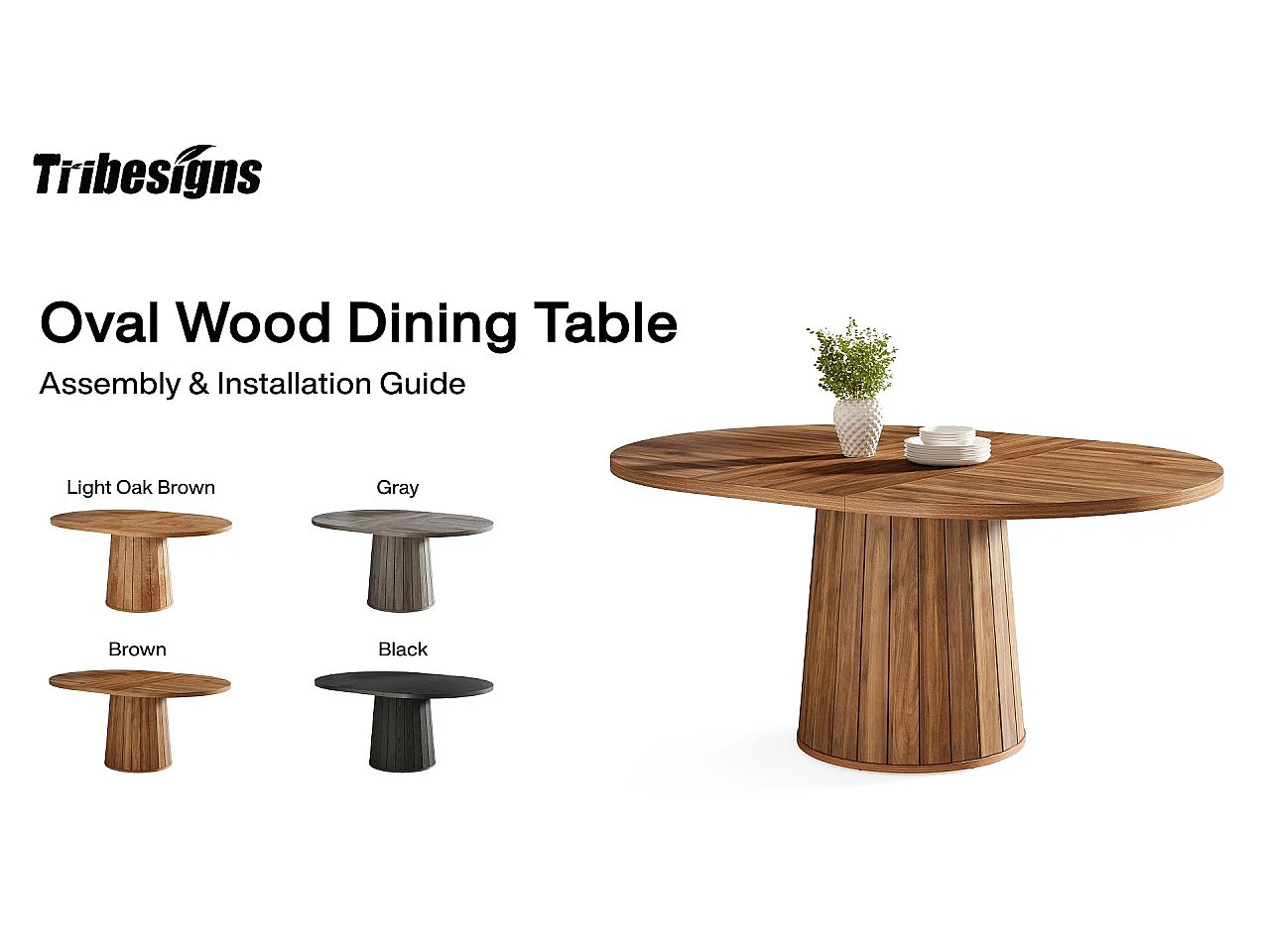 Ovale eettafel voor 6 personen, 140 cm houten eettafel, rustieke keukentafel met houten blad en cilindervormig onderstel voor eetkamer (bruin)