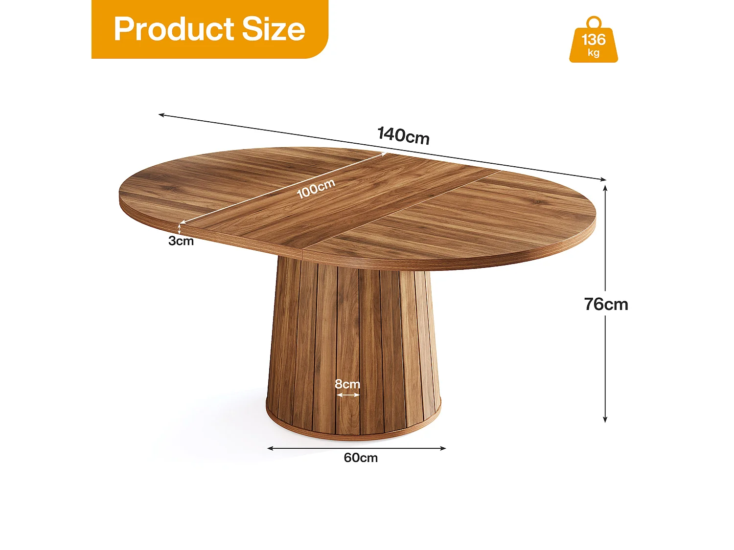 Mesa oval para jantar para 6 pessoas, mesa de jantar em madeira com 140 cm, mesa de cozinha rústica com tampo de madeira e base cilíndrica (castanha)