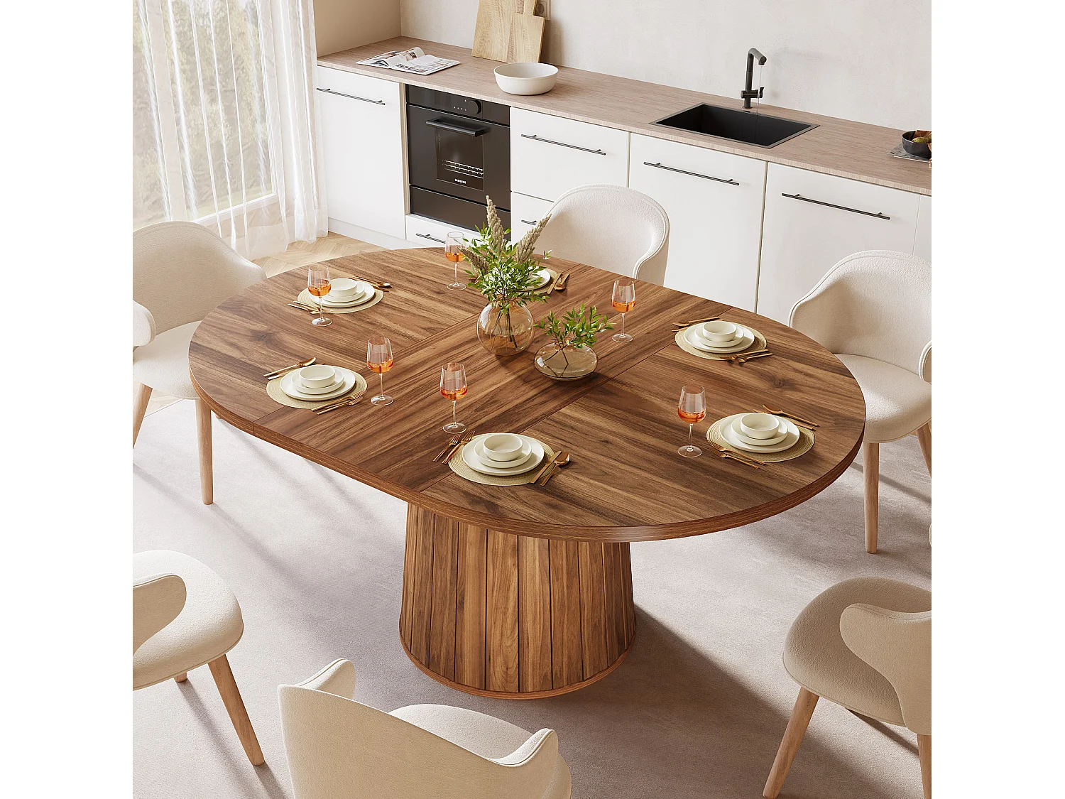 Mesa oval para jantar para 6 pessoas, mesa de jantar em madeira com 140 cm, mesa de cozinha rústica com tampo de madeira e base cilíndrica (castanha)