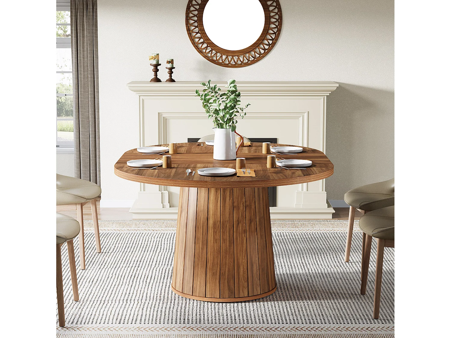 Mesa oval para jantar para 6 pessoas, mesa de jantar em madeira com 140 cm, mesa de cozinha rústica com tampo de madeira e base cilíndrica (castanha)