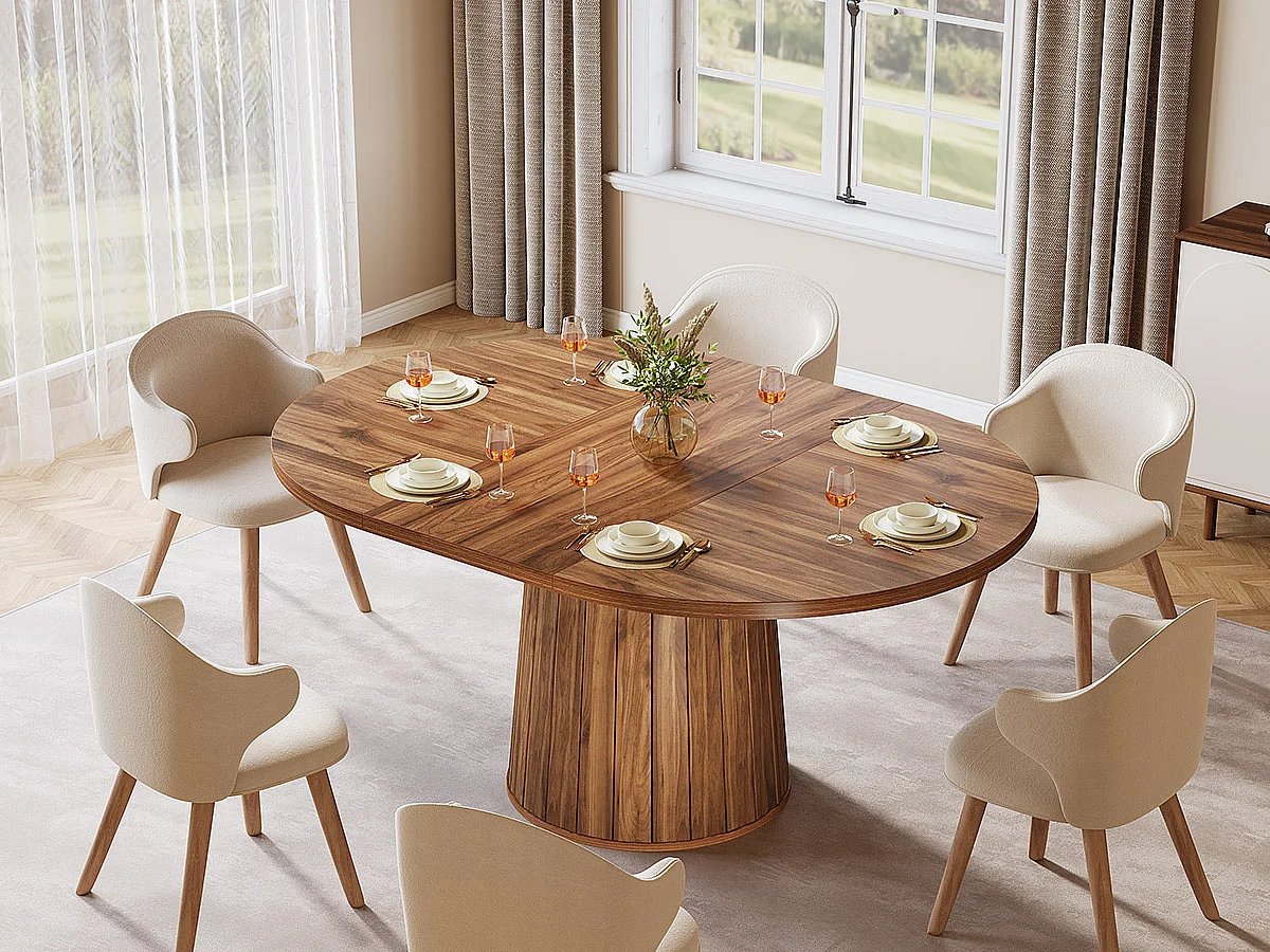 Mesa oval para jantar para 6 pessoas, mesa de jantar em madeira com 140 cm, mesa de cozinha rústica com tampo de madeira e base cilíndrica (castanha)