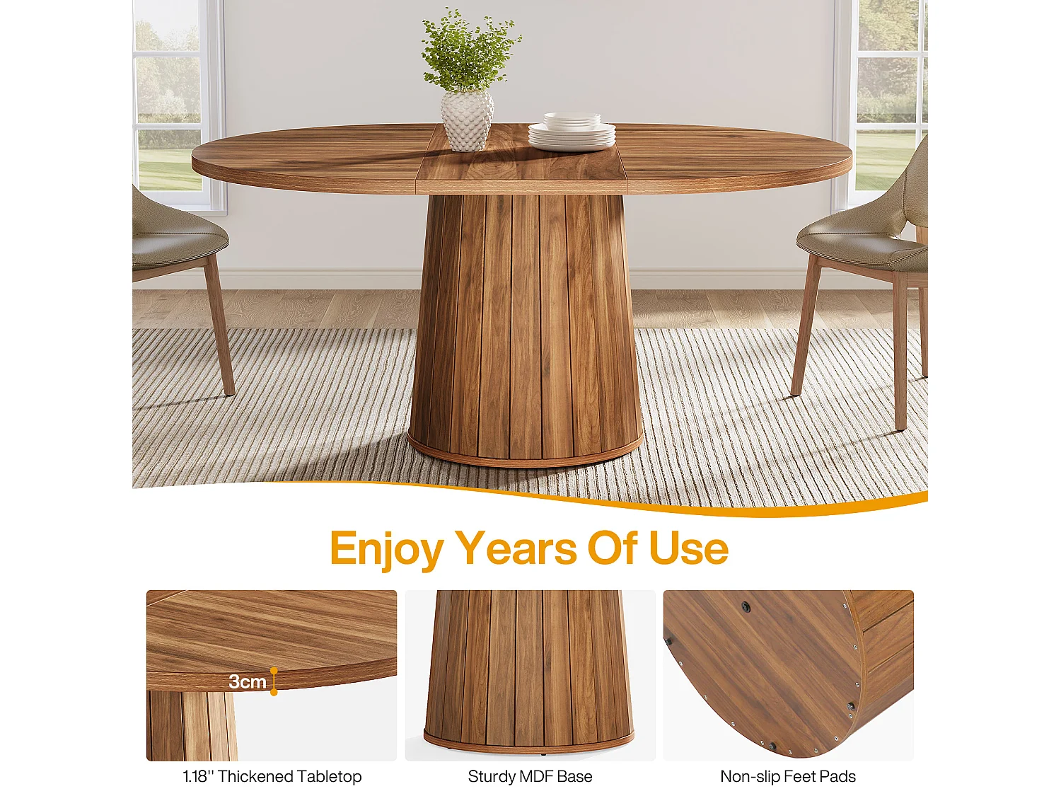 Mesa oval para jantar para 6 pessoas, mesa de jantar em madeira com 140 cm, mesa de cozinha rústica com tampo de madeira e base cilíndrica (castanha)