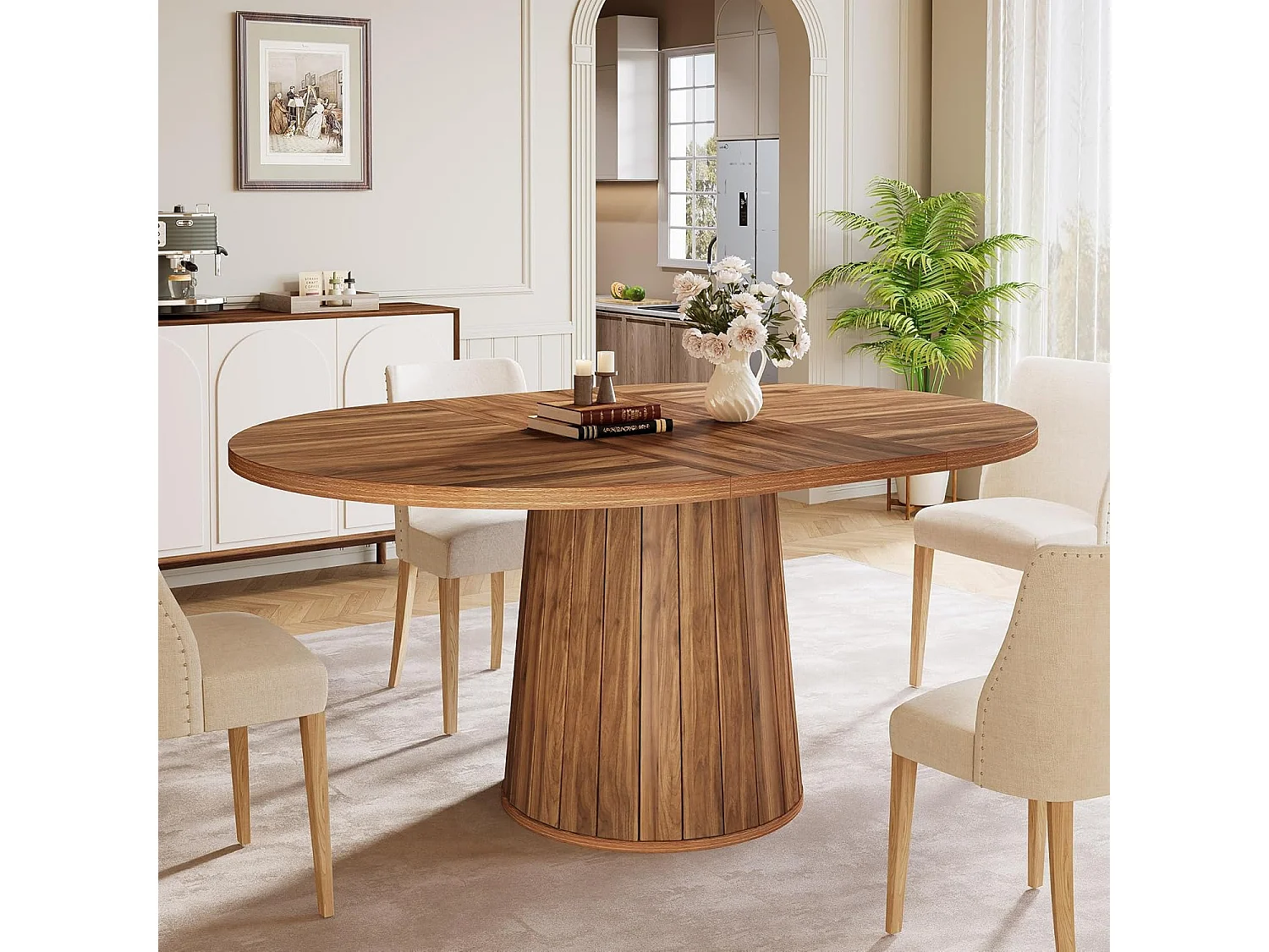 Mesa oval para jantar para 6 pessoas, mesa de jantar em madeira com 140 cm, mesa de cozinha rústica com tampo de madeira e base cilíndrica (castanha)