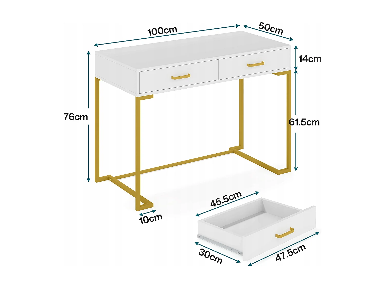 Computerbureau, 100cm Bureau met Opbergruimte, Kantoortafel, Eenvoudig en Modern, Metalen Frame voor Kantoor, Slaapkamer, Wit/Goud