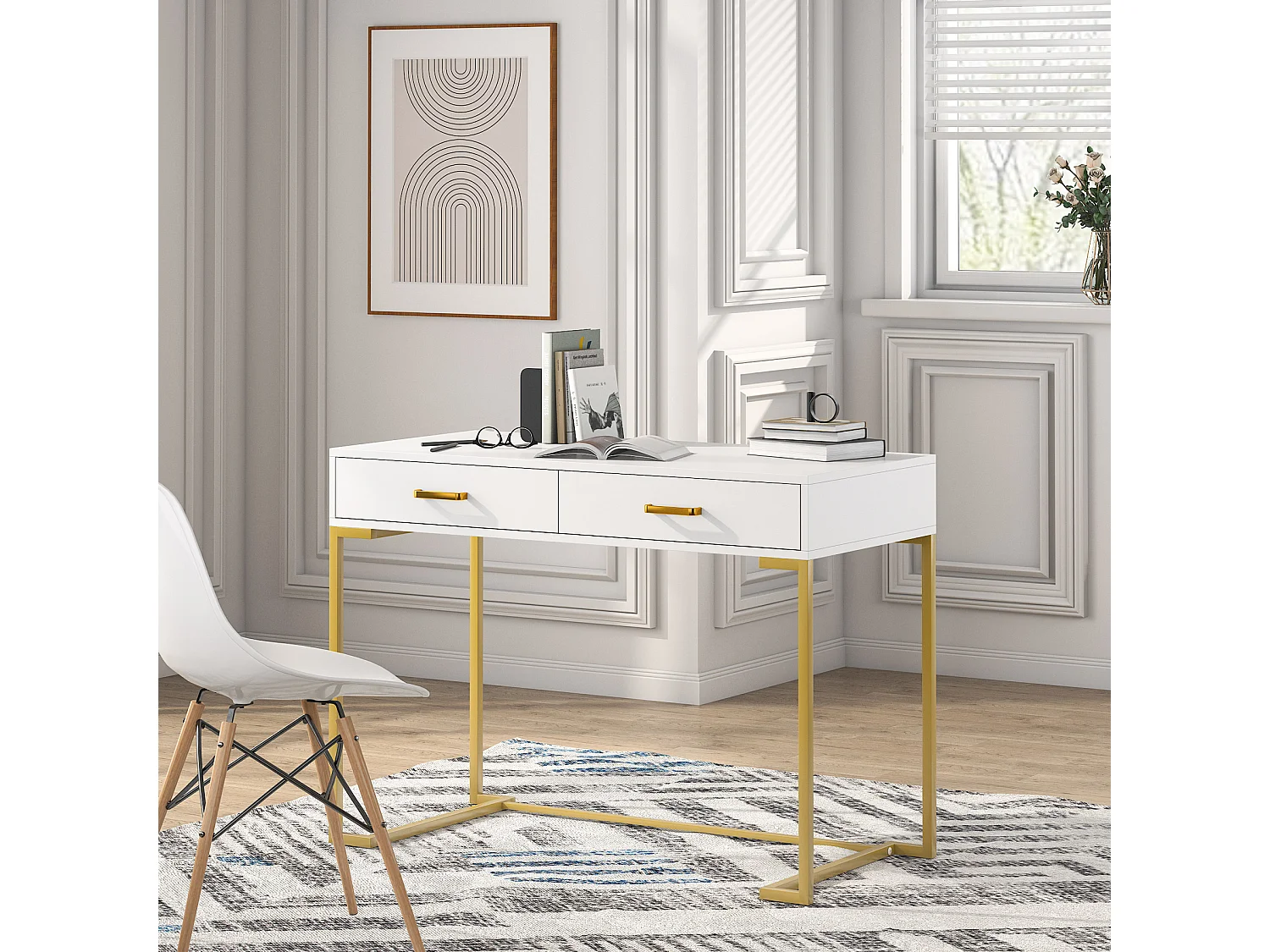 Computerbureau, 100cm Bureau met Opbergruimte, Kantoortafel, Eenvoudig en Modern, Metalen Frame voor Kantoor, Slaapkamer, Wit/Goud