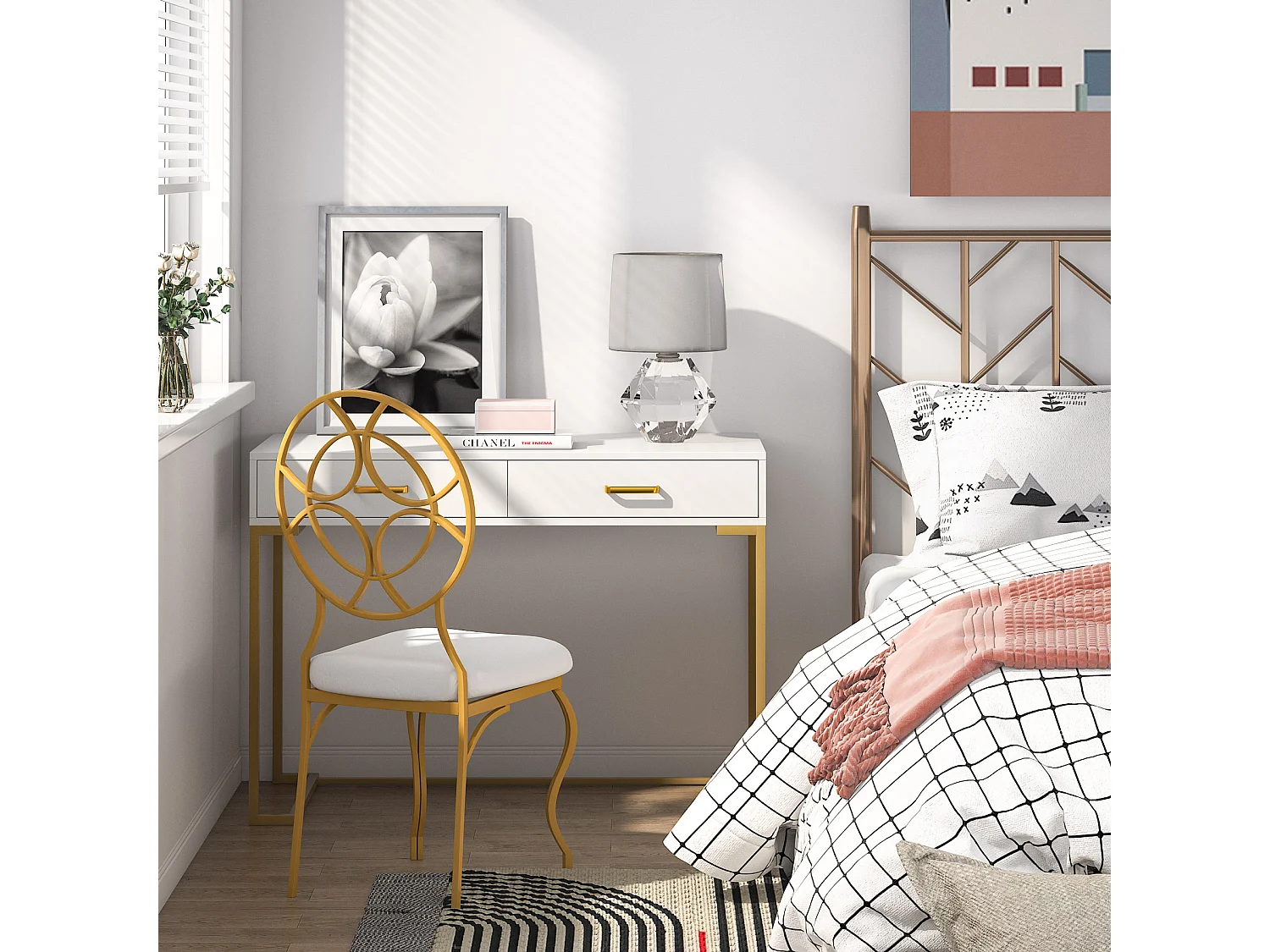 Computerbureau, 100cm Bureau met Opbergruimte, Kantoortafel, Eenvoudig en Modern, Metalen Frame voor Kantoor, Slaapkamer, Wit/Goud