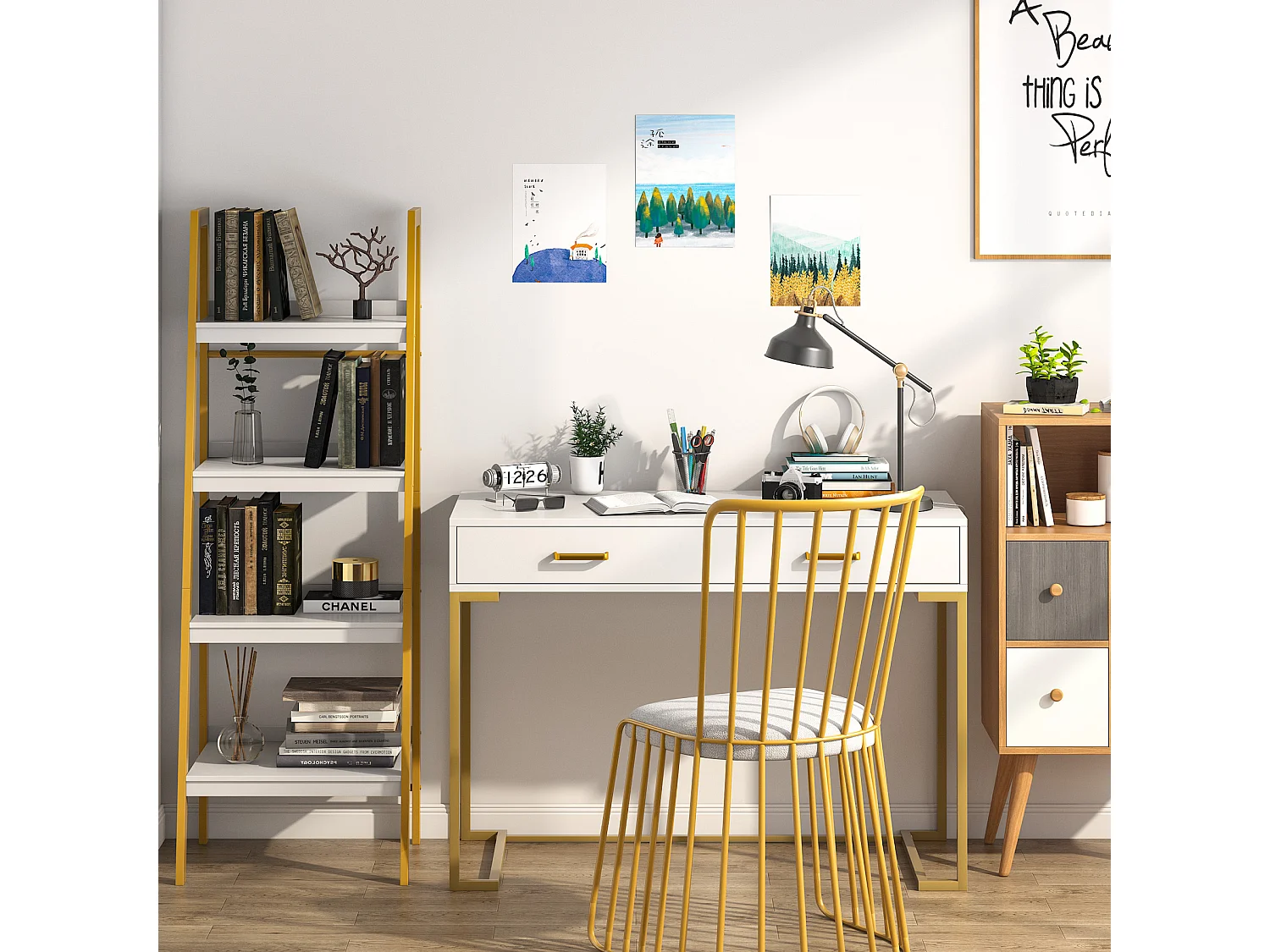 Computerbureau, 100cm Bureau met Opbergruimte, Kantoortafel, Eenvoudig en Modern, Metalen Frame voor Kantoor, Slaapkamer, Wit/Goud