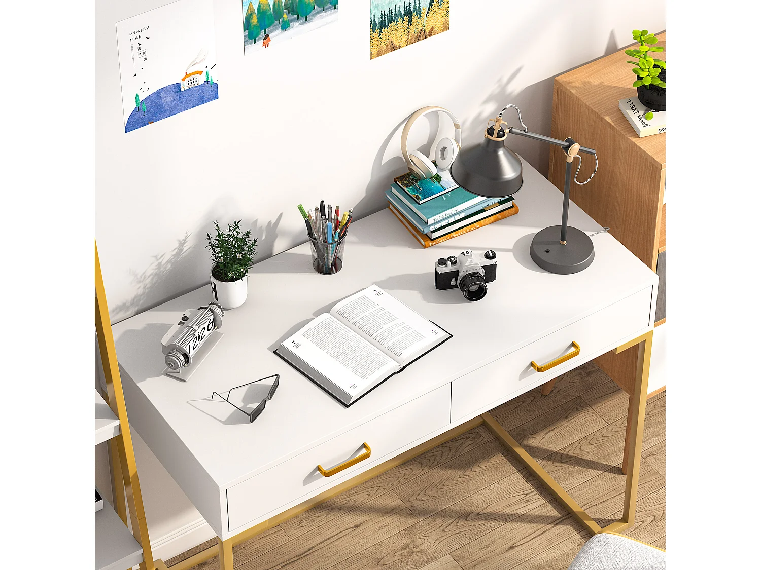 Computerbureau, 100cm Bureau met Opbergruimte, Kantoortafel, Eenvoudig en Modern, Metalen Frame voor Kantoor, Slaapkamer, Wit/Goud