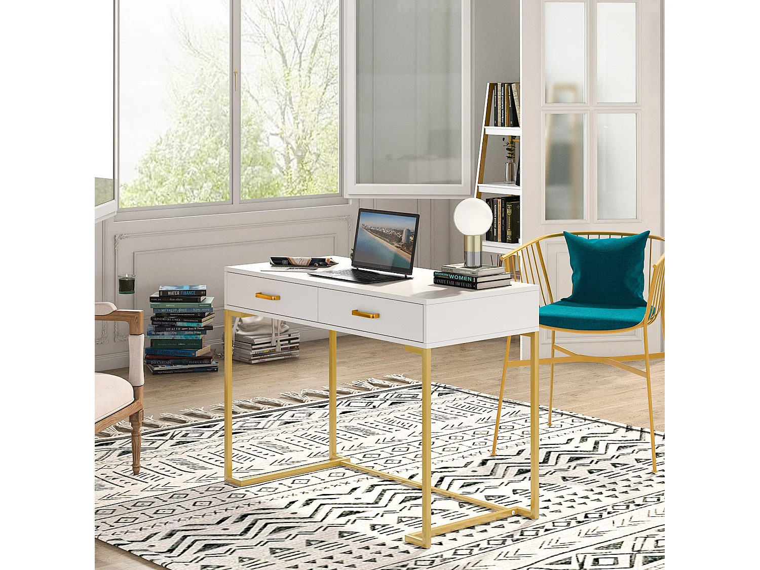 Computerbureau, 100cm Bureau met Opbergruimte, Kantoortafel, Eenvoudig en Modern, Metalen Frame voor Kantoor, Slaapkamer, Wit/Goud