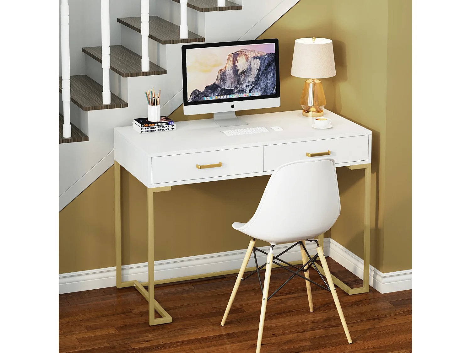 Computerbureau, 100cm Bureau met Opbergruimte, Kantoortafel, Eenvoudig en Modern, Metalen Frame voor Kantoor, Slaapkamer, Wit/Goud