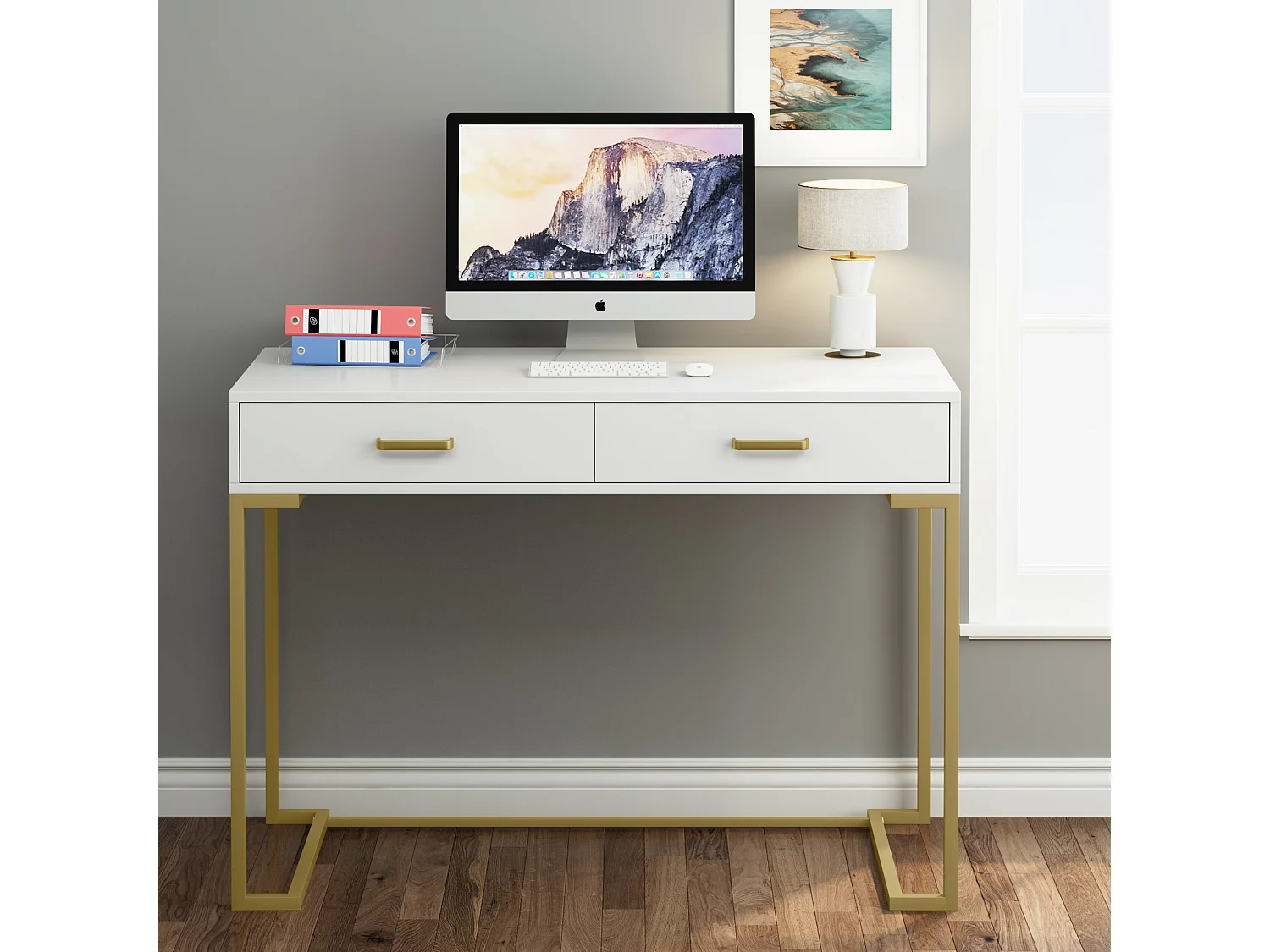 Computerbureau, 100cm Bureau met Opbergruimte, Kantoortafel, Eenvoudig en Modern, Metalen Frame voor Kantoor, Slaapkamer, Wit/Goud