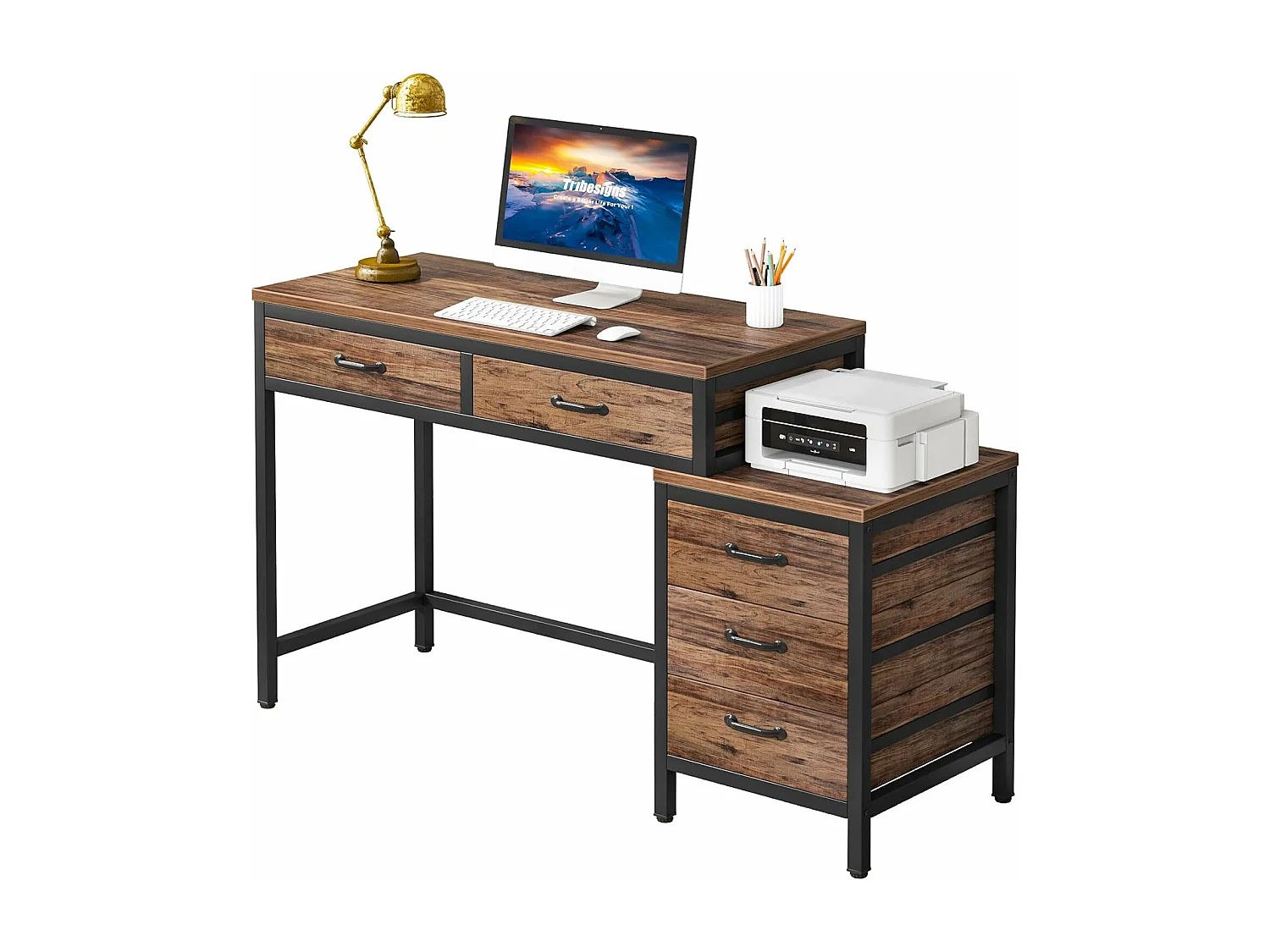 Bureau d'ordinateur, Table de Bureau avec 5 Tiroirs, Bureau Informatique avec Armoire à tiroirs réversible Support d'imprimante pour la Maison