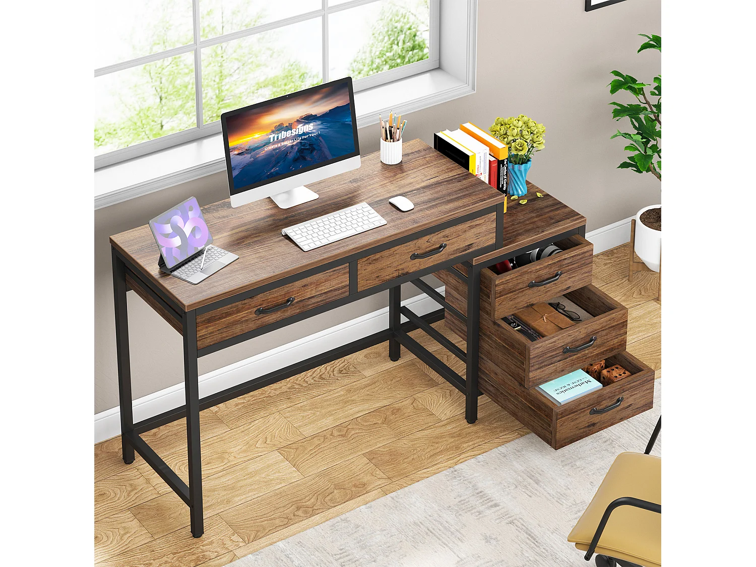 Bureau d'ordinateur, Table de Bureau avec 5 Tiroirs, Bureau Informatique avec Armoire à tiroirs réversible Support d'imprimante pour la Maison