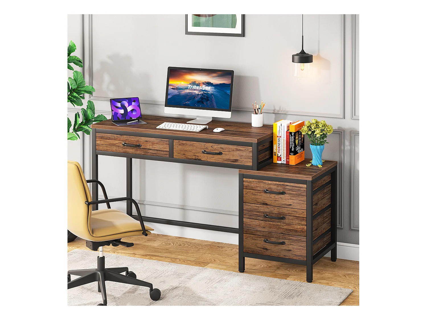 Computerbüro, Schreibtisch mit 5 Schubladen, Computerarbeitsplatz mit umkehrbarer Schubladenschrank und Druckerhalter für Zuhause